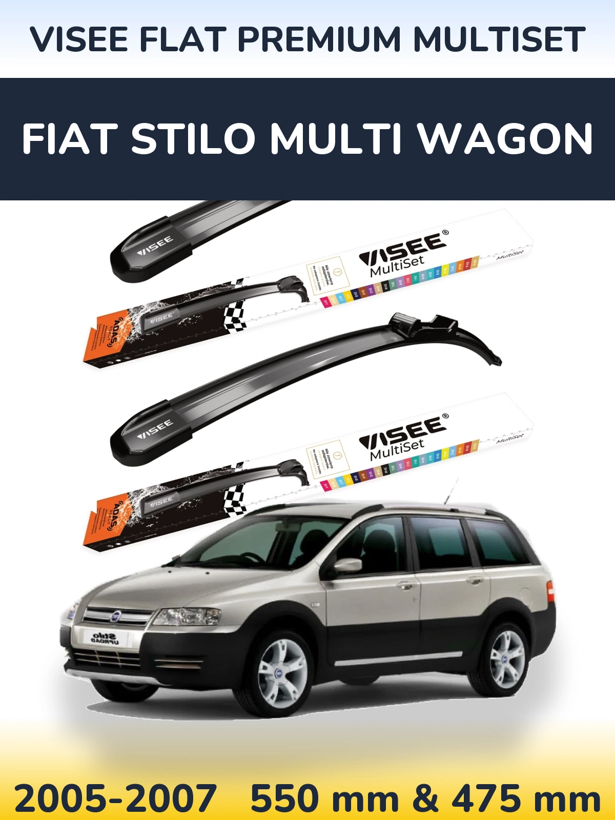 Komplet przednich wycieraczek VISEE FLAT PREMIUM MultiSet 550 & 475 mm do Fiat Stilo Multi Wagon 2005-2007