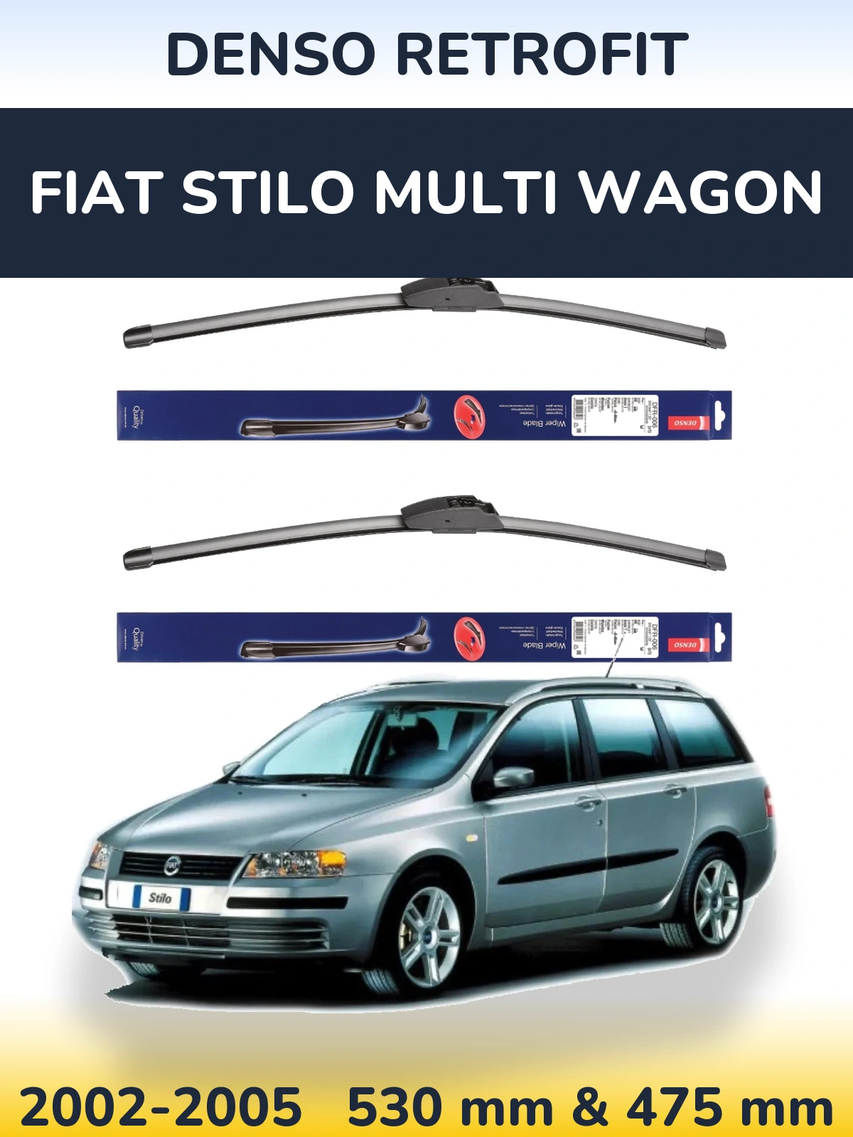 Komplet przednich wycieraczek Denso Retrofit 530 & 475 mm do Fiat Stilo Multi Wagon 2002-2005