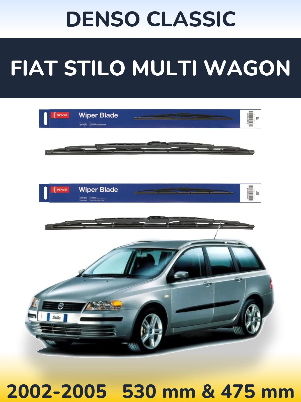 Komplet przednich wycieraczek Denso Classic 530 & 475 mm do Fiat Stilo Multi Wagon 2002-2005