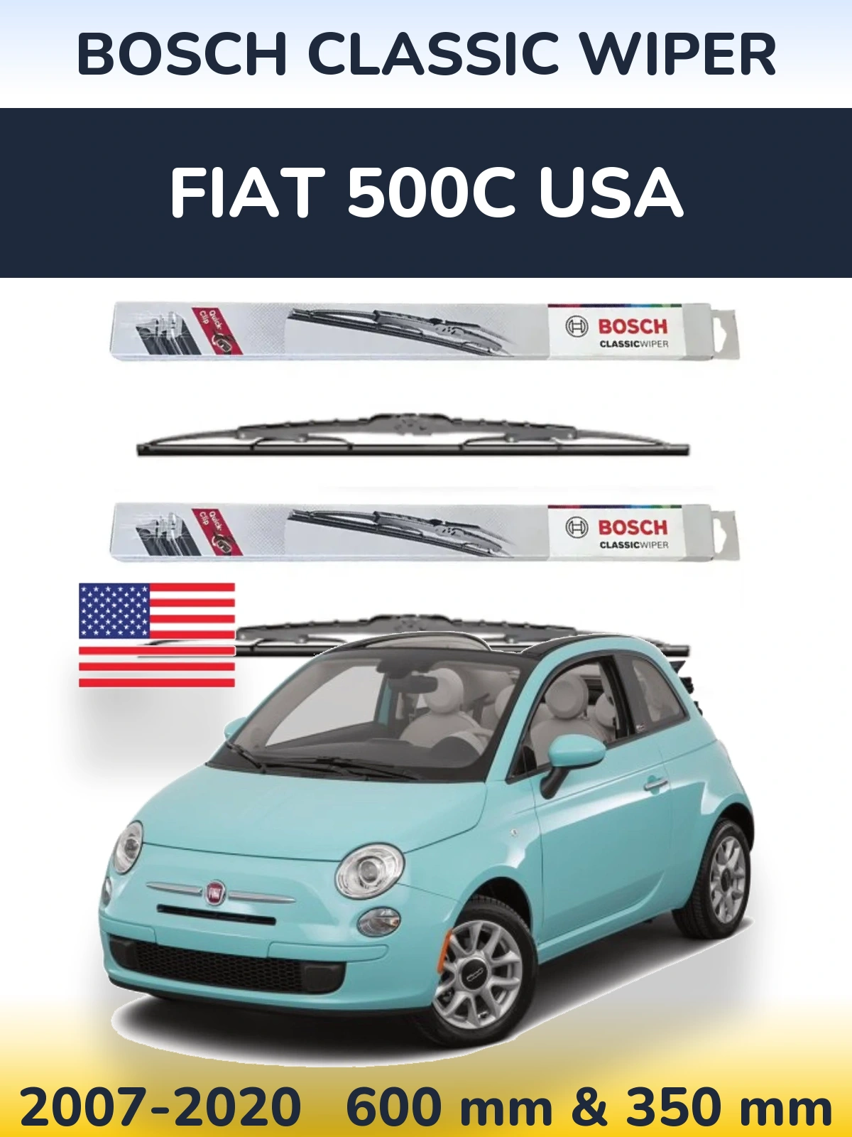 Komplet przednich wycieraczek BOSCH Classic Wiper 600 & 340 mm do Fiat 500C USA 2007-2020