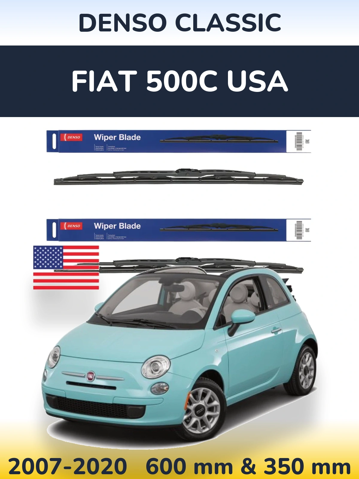 Komplet przednich wycieraczek Denso Classic 600 & 350 mm do Fiat 500C USA 2007-2020