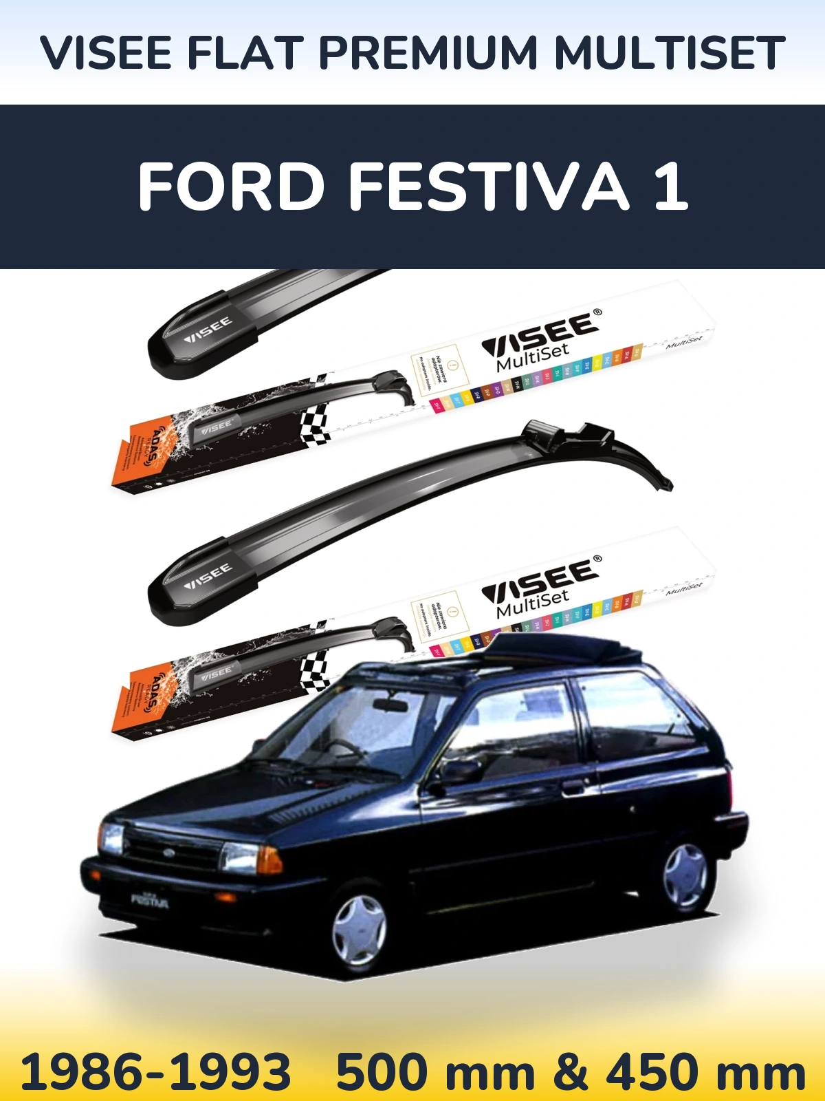 Komplet przednich wycieraczek VISEE FLAT PREMIUM MultiSet 500 & 450 mm do Ford Festiva 1 1986-1993