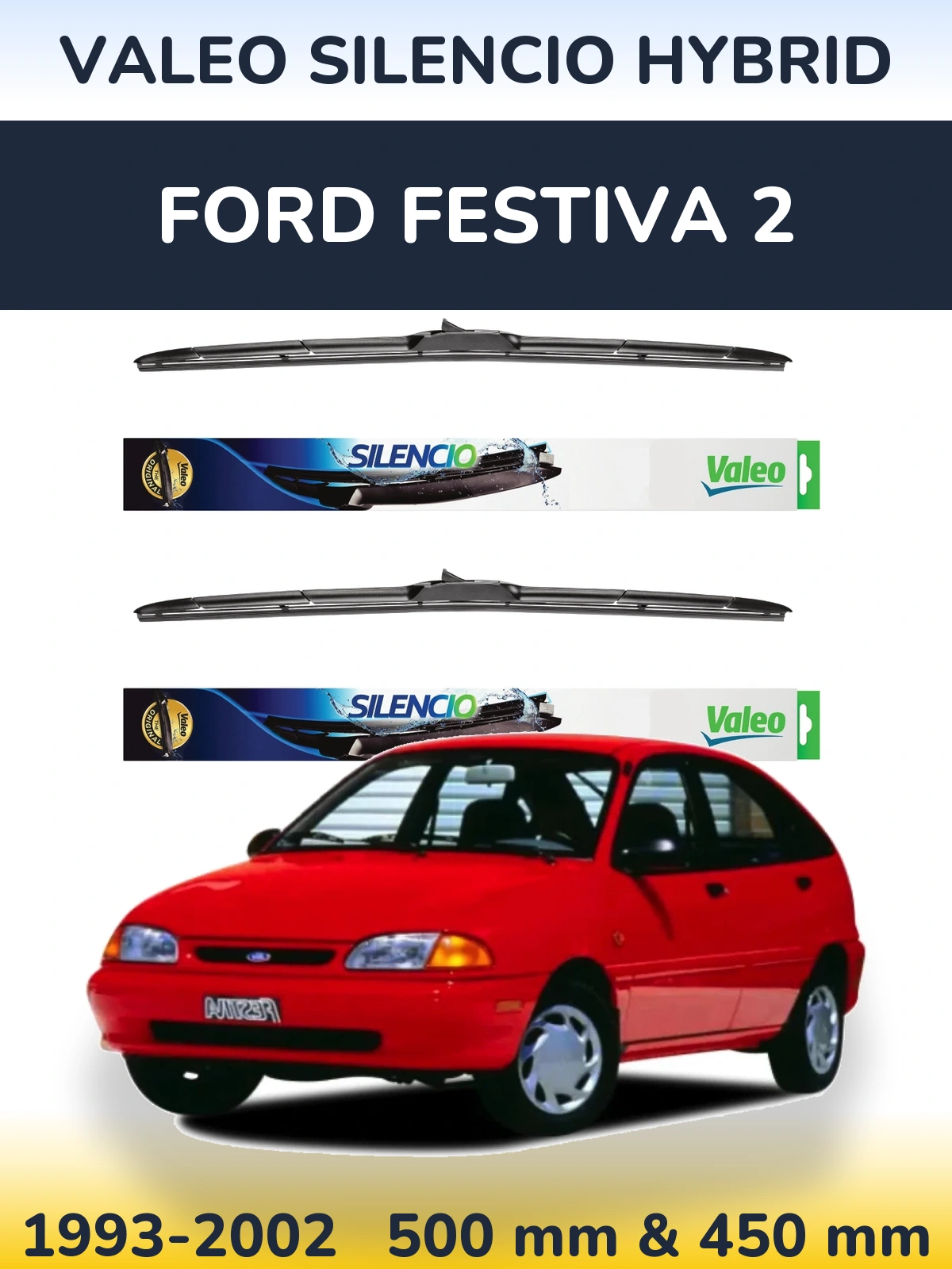 Komplet przednich wycieraczek Valeo Silencio Hybrid 500 & 450 mm do Ford Festiva 2 1993-2002