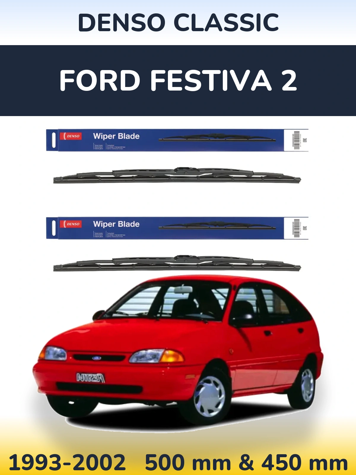 Front wiper blade set Denso Classic 500 & 450 mm for Ford Festiva 2 1993-2002