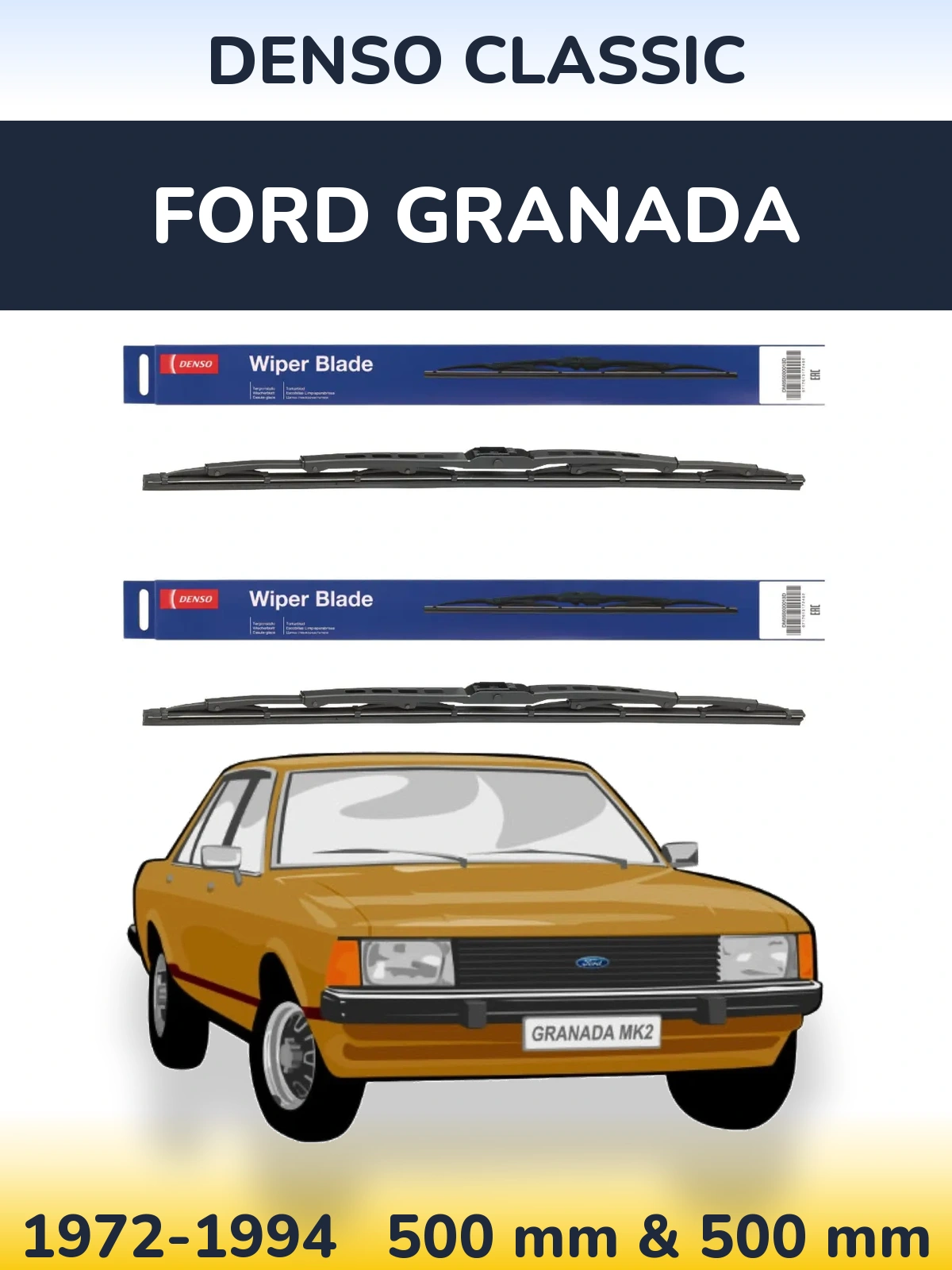 Front wiper blade set Denso Classic 500 & 500 mm for Ford Granada 1972-1994