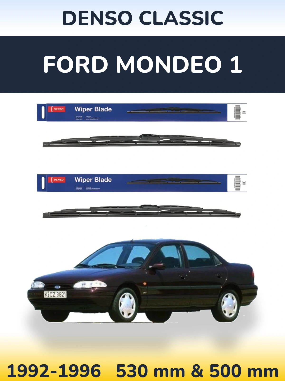 Front wiper blade set Denso Classic 530 & 500 mm for Ford Mondeo 1 1992-1996