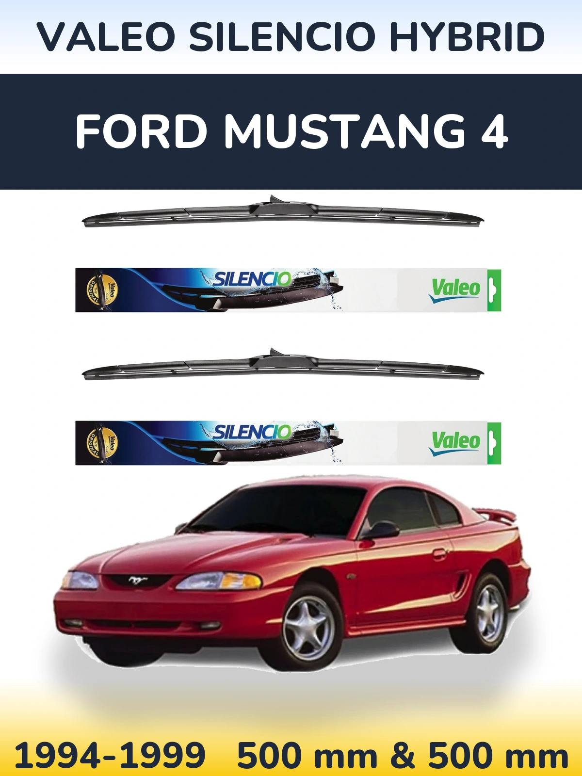Komplet przednich wycieraczek Valeo Silencio Hybrid 500 & 500 mm do Ford Mustang 4 1994-1999