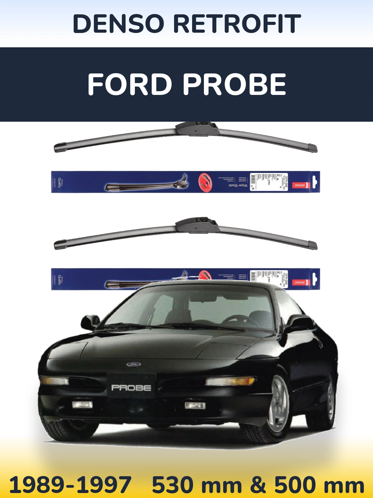 Front wiper blade set Denso Retrofit 530 & 500 mm for Ford Probe 1989-1997