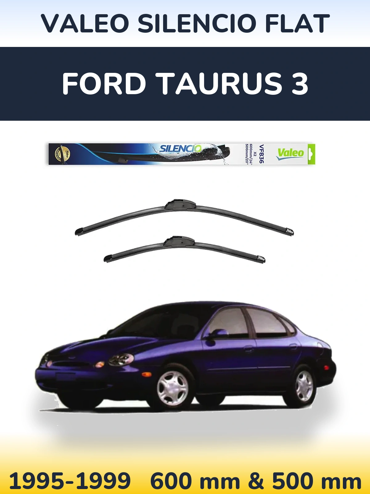 Front wiper blade set Valeo Silencio Flat 600 & 500 mm for Ford Taurus 3 1995-1999