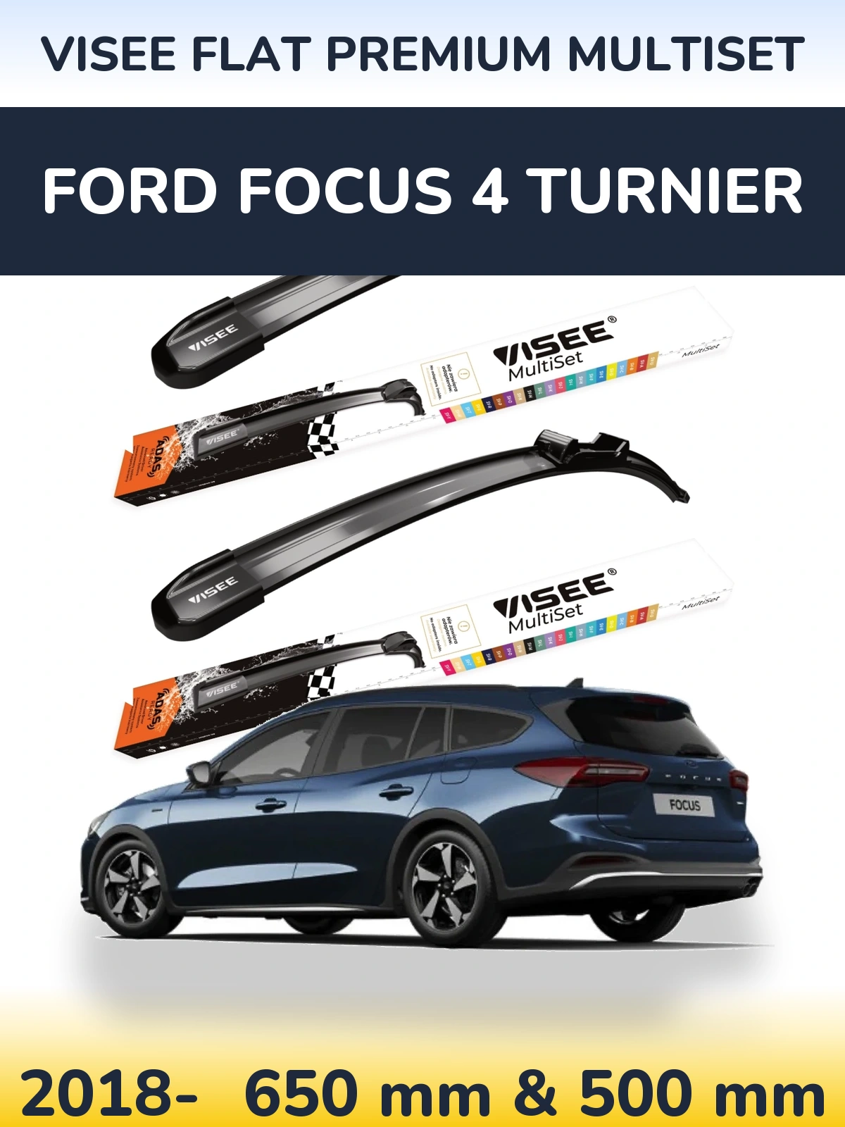Комплект передних дворников VISEE FLAT PREMIUM MultiSet 650 & 500 мм для Ford Focus 4 Turnier 2018-2026