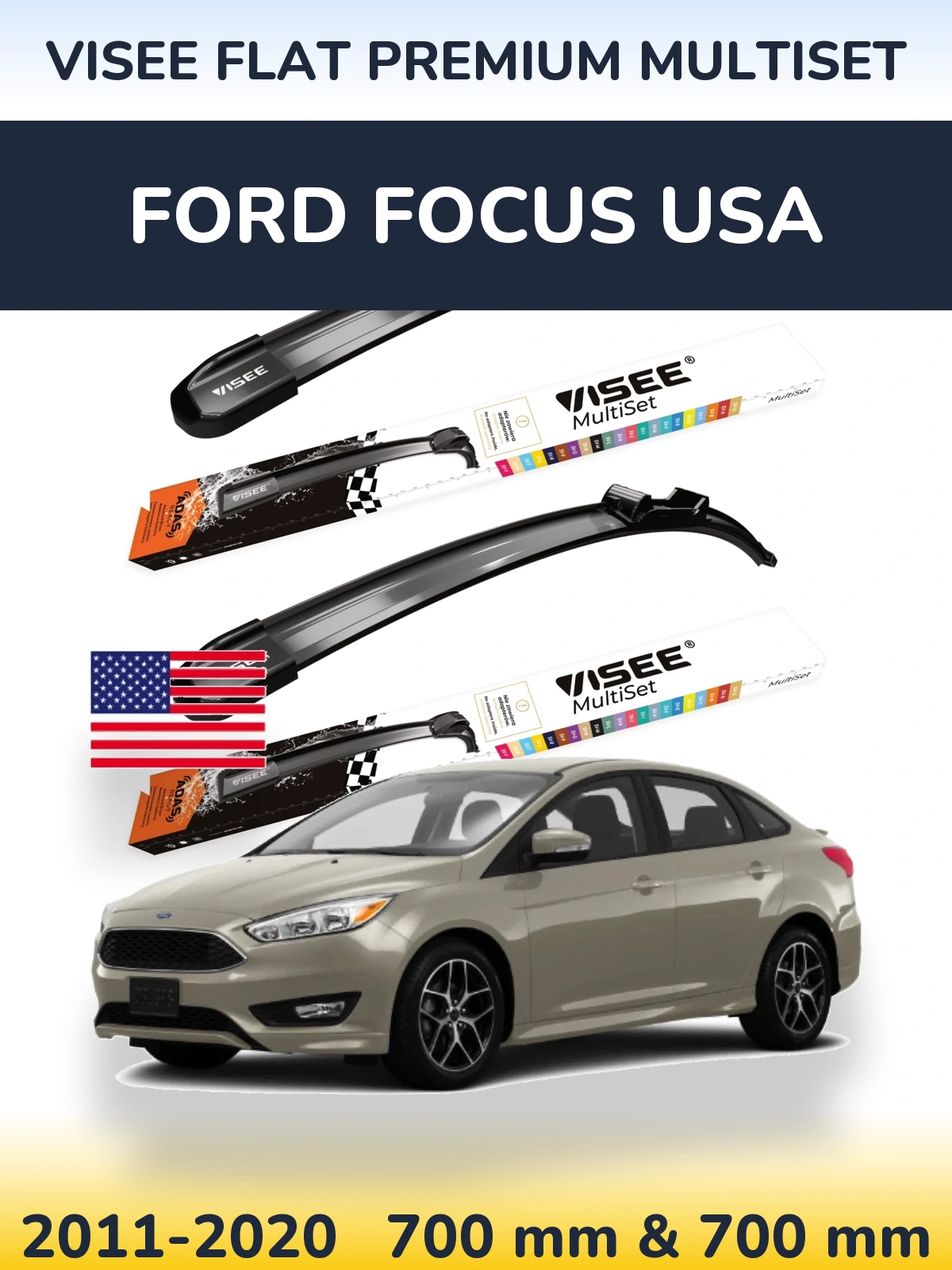 Komplet przednich wycieraczek VISEE FLAT PREMIUM MultiSet 700 & 700 mm do Ford Focus USA 2011-2020