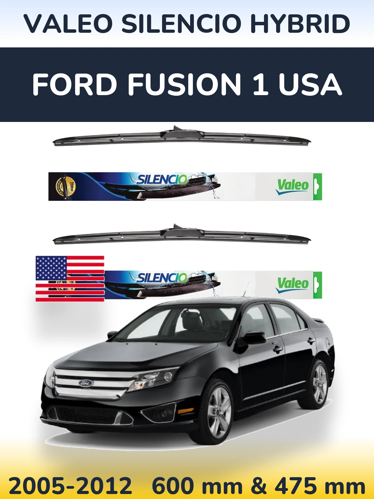 Комплект передних дворников Valeo Silencio Hybrid 600 & 475 мм для Ford Fusion 1 USA 2005-2012