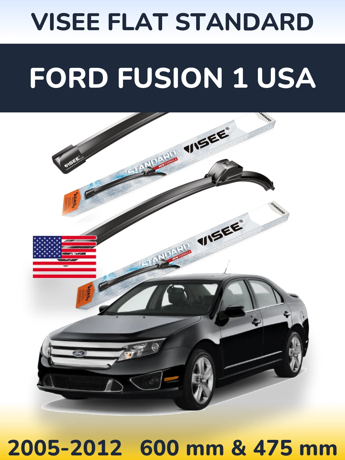 Комплект передних дворников VISEE FLAT STANDARD 600 & 475 мм для Ford Fusion 1 USA 2005-2012