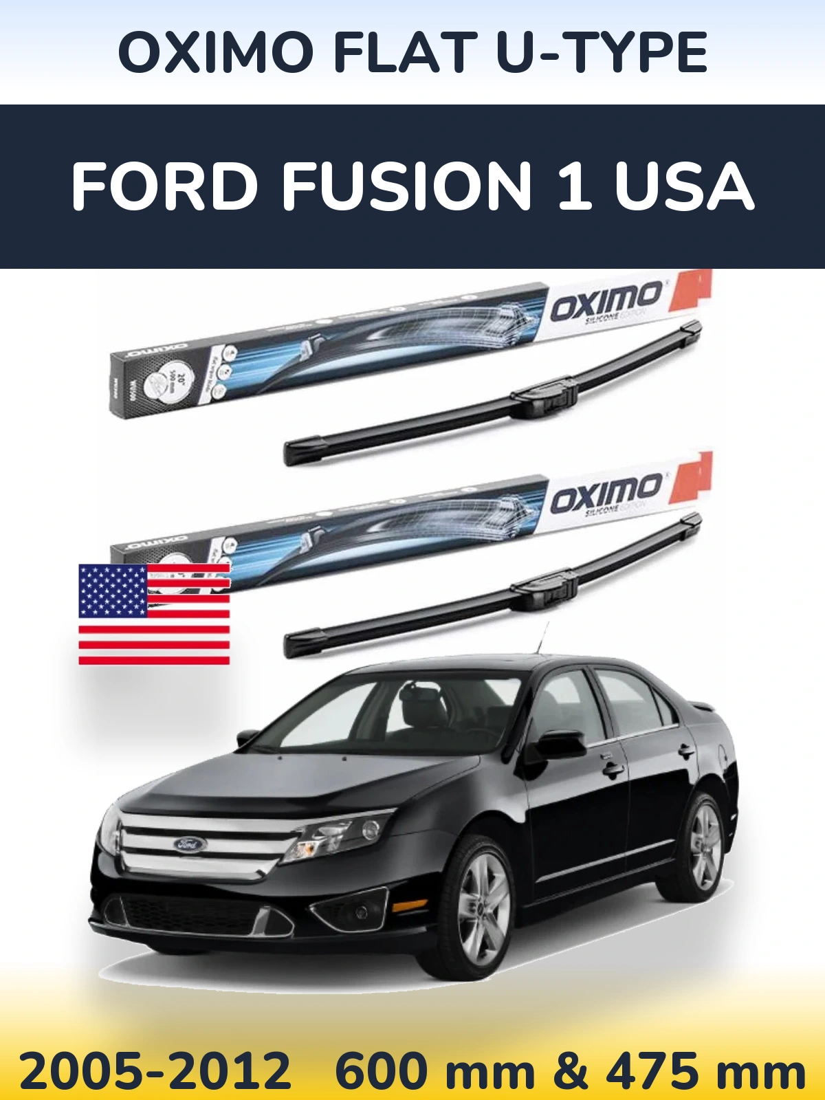 Комплект передних дворников Oximo Flat U-type 600 & 475 мм для Ford Fusion 1 USA 2005-2012