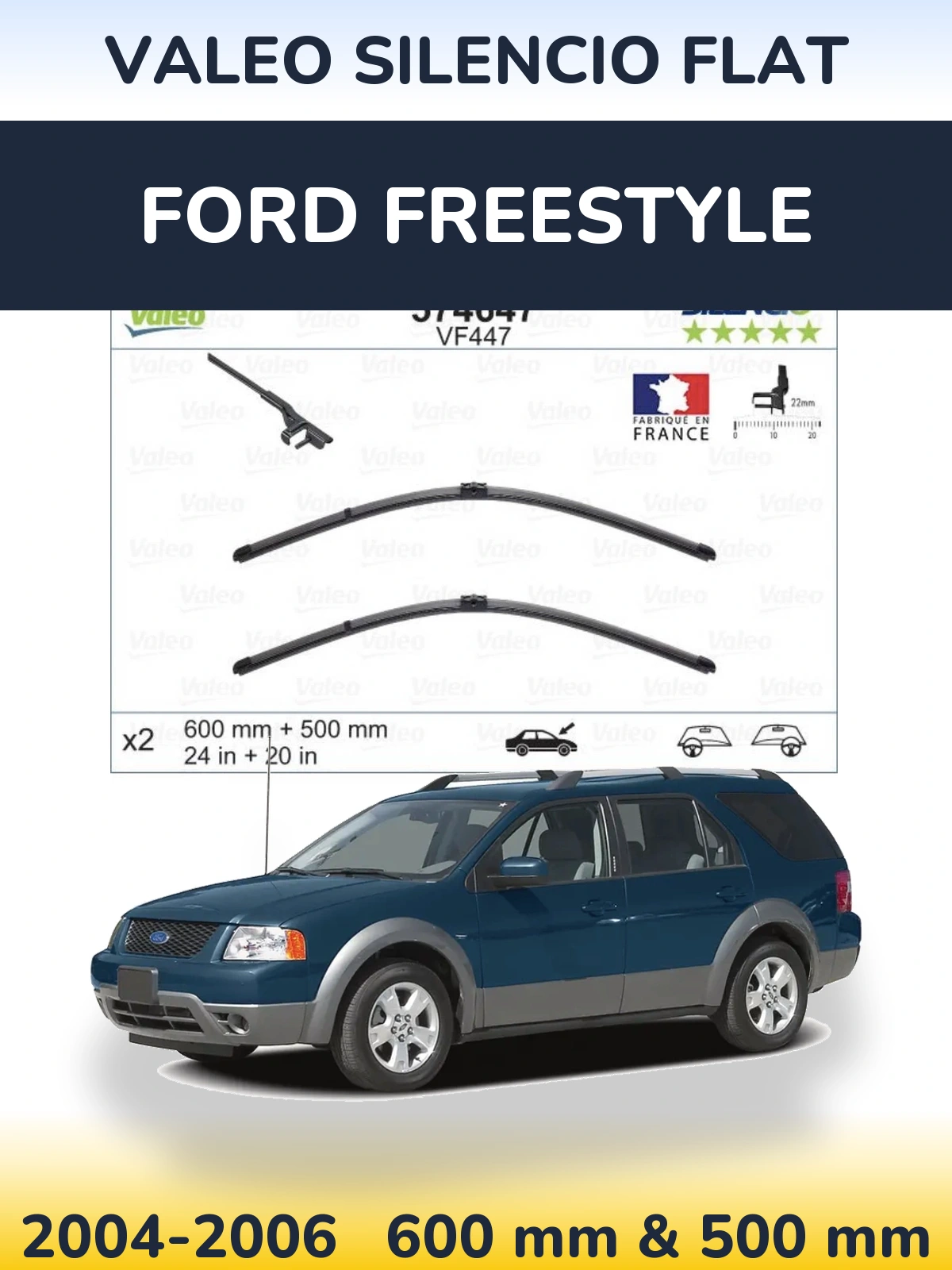 Front wiper blade set Valeo Silencio Flat 600 & 500 mm for Ford Freestyle 2004-2006