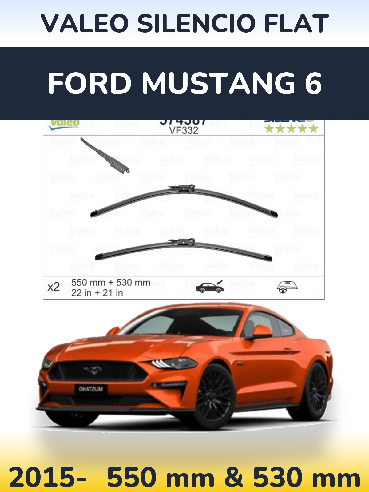 Front wiper blade set Valeo Silencio Flat 550 & 530 mm for Ford Mustang 6 2015-2026