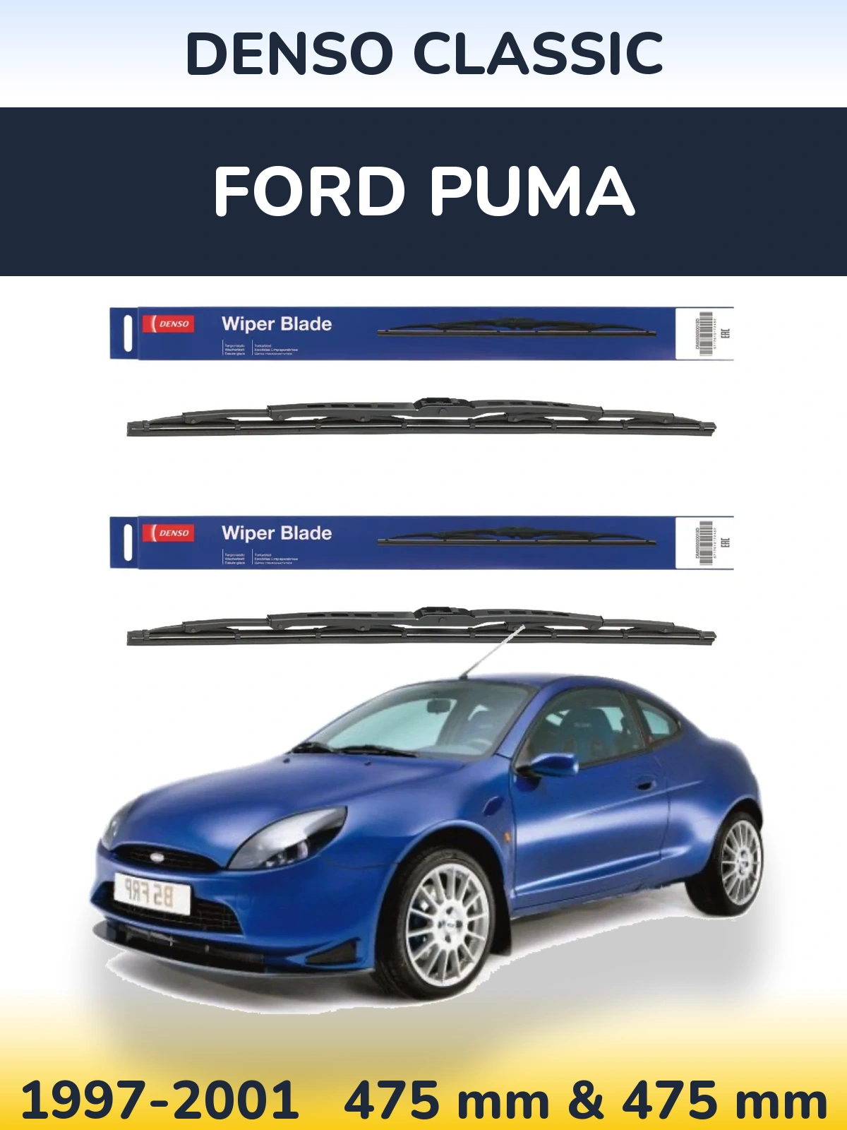 Front wiper blade set Denso Classic 475 & 475 mm for Ford Puma 1997-2001