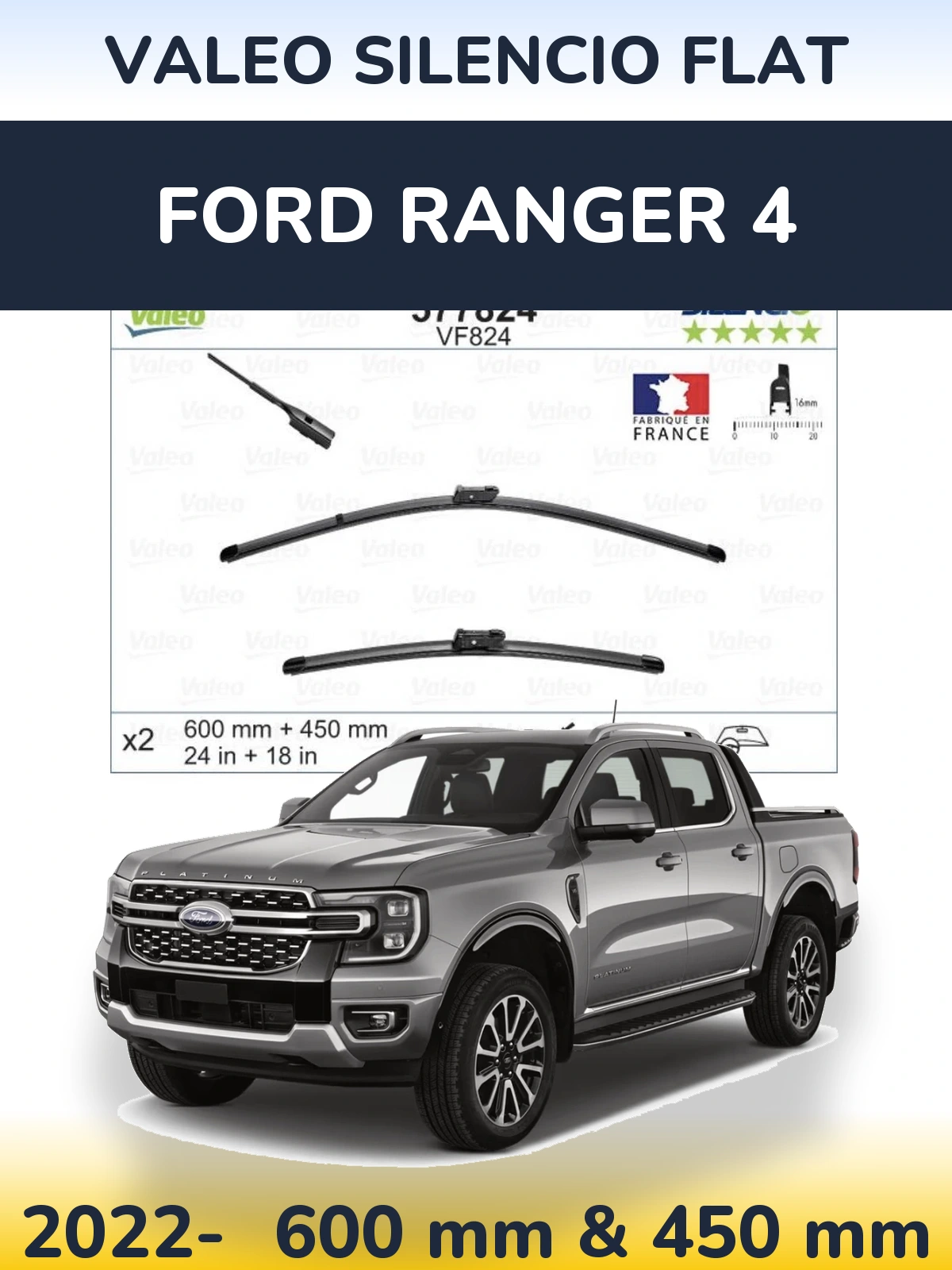 Komplet przednich wycieraczek Valeo Silencio Flat 600 & 450 mm do Ford Ranger 4 2022-2026
