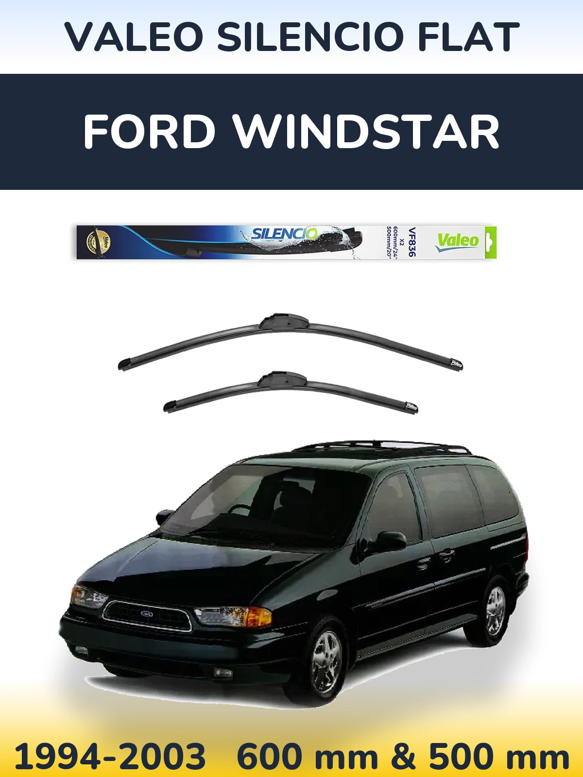 Front wiper blade set Valeo Silencio Flat 600 & 500 mm for Ford Windstar 1994-2003