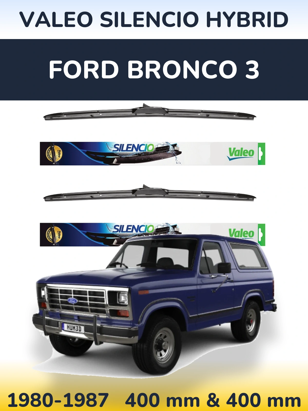 Front wiper blade set Valeo Silencio Hybrid 400 & 400 mm for Ford Bronco 3 1980-1987