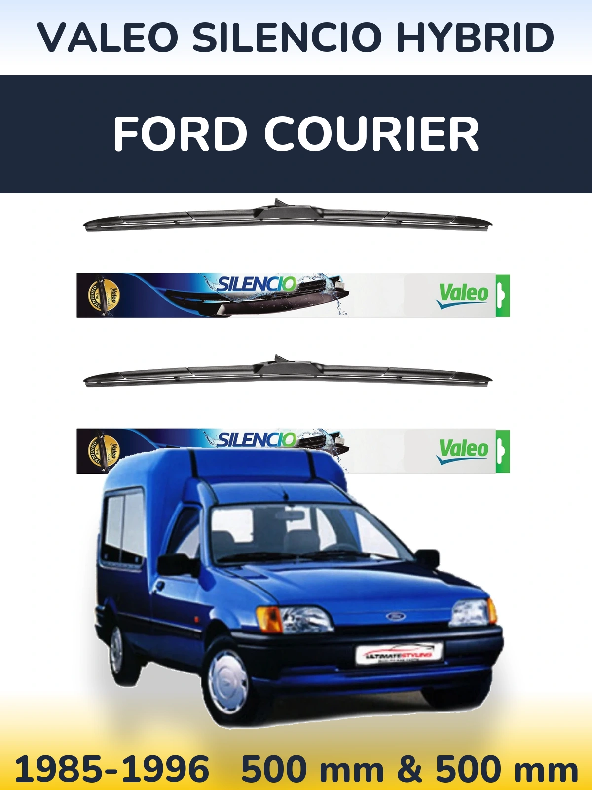 Komplet przednich wycieraczek Valeo Silencio Hybrid 500 & 500 mm do Ford Courier 1985-1996