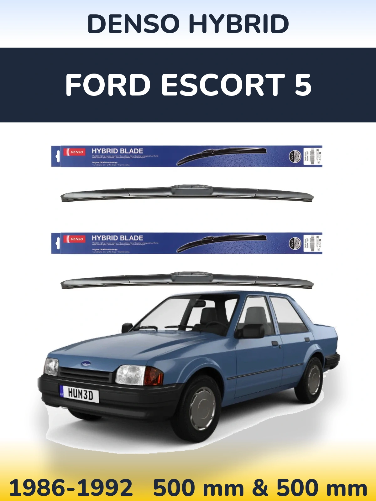 Komplet przednich wycieraczek Denso Hybrid 500 & 500 mm do Ford Escort 5 1986-1992