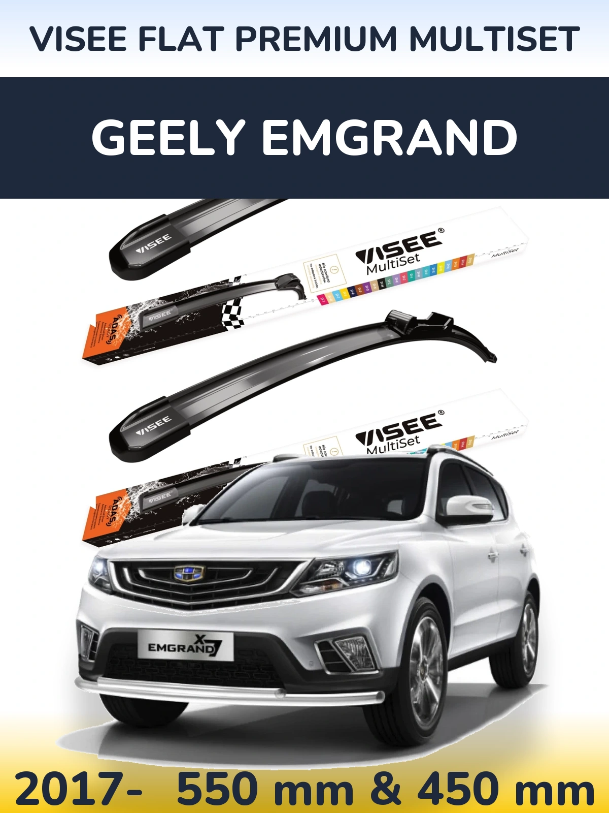 Komplet przednich wycieraczek VISEE FLAT PREMIUM MultiSet 550 & 450 mm do Geely Emgrand 2017-2026
