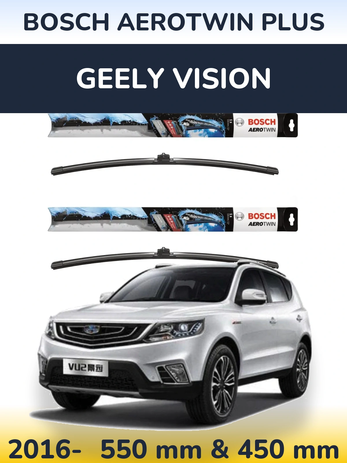 Komplet przednich wycieraczek BOSCH AeroTwin Plus 550 & 450 mm do Geely Vision 2016-2026