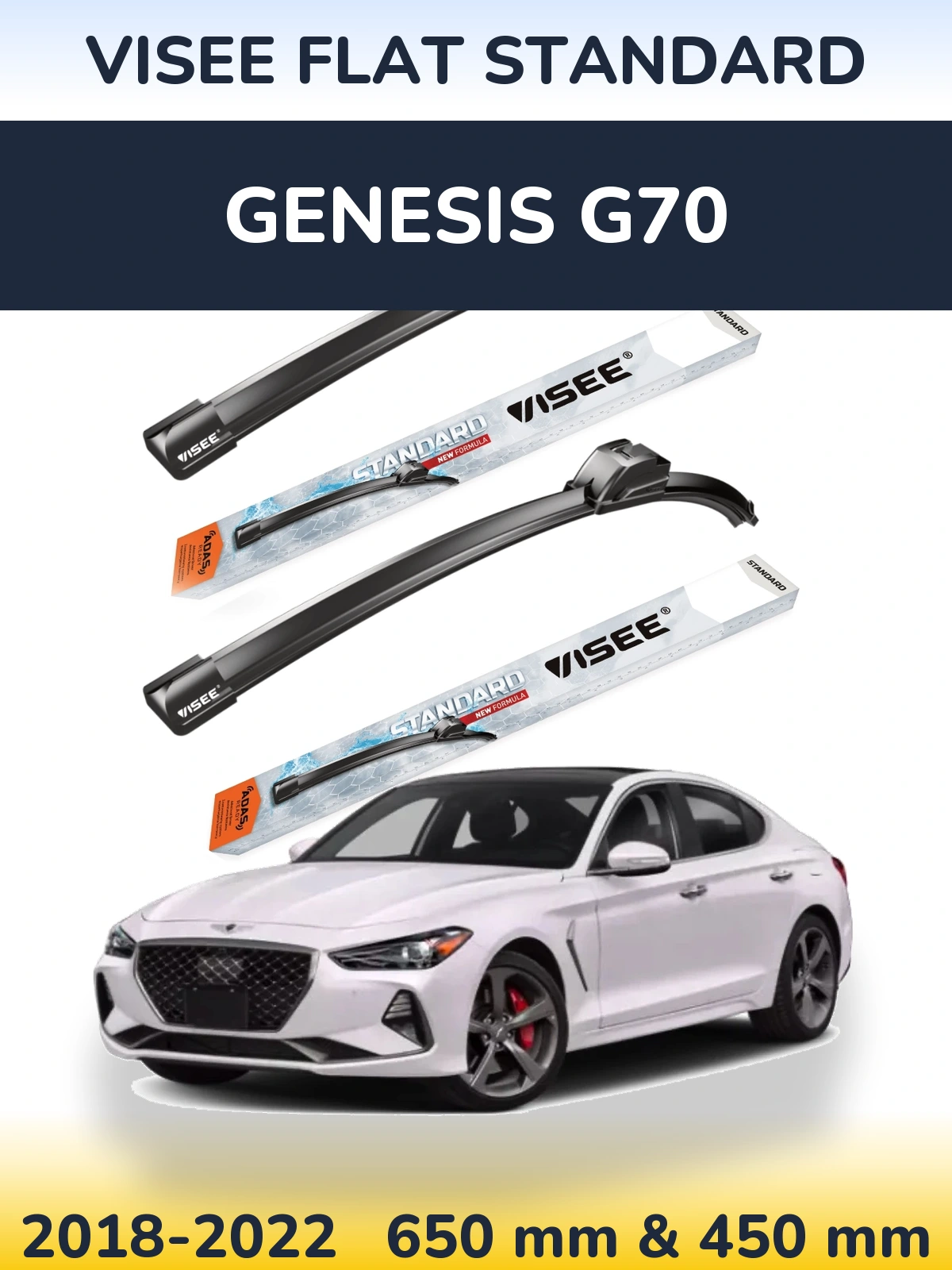 Komplet przednich wycieraczek VISEE FLAT STANDARD 650 & 450 mm do Genesis G70 2018-2022