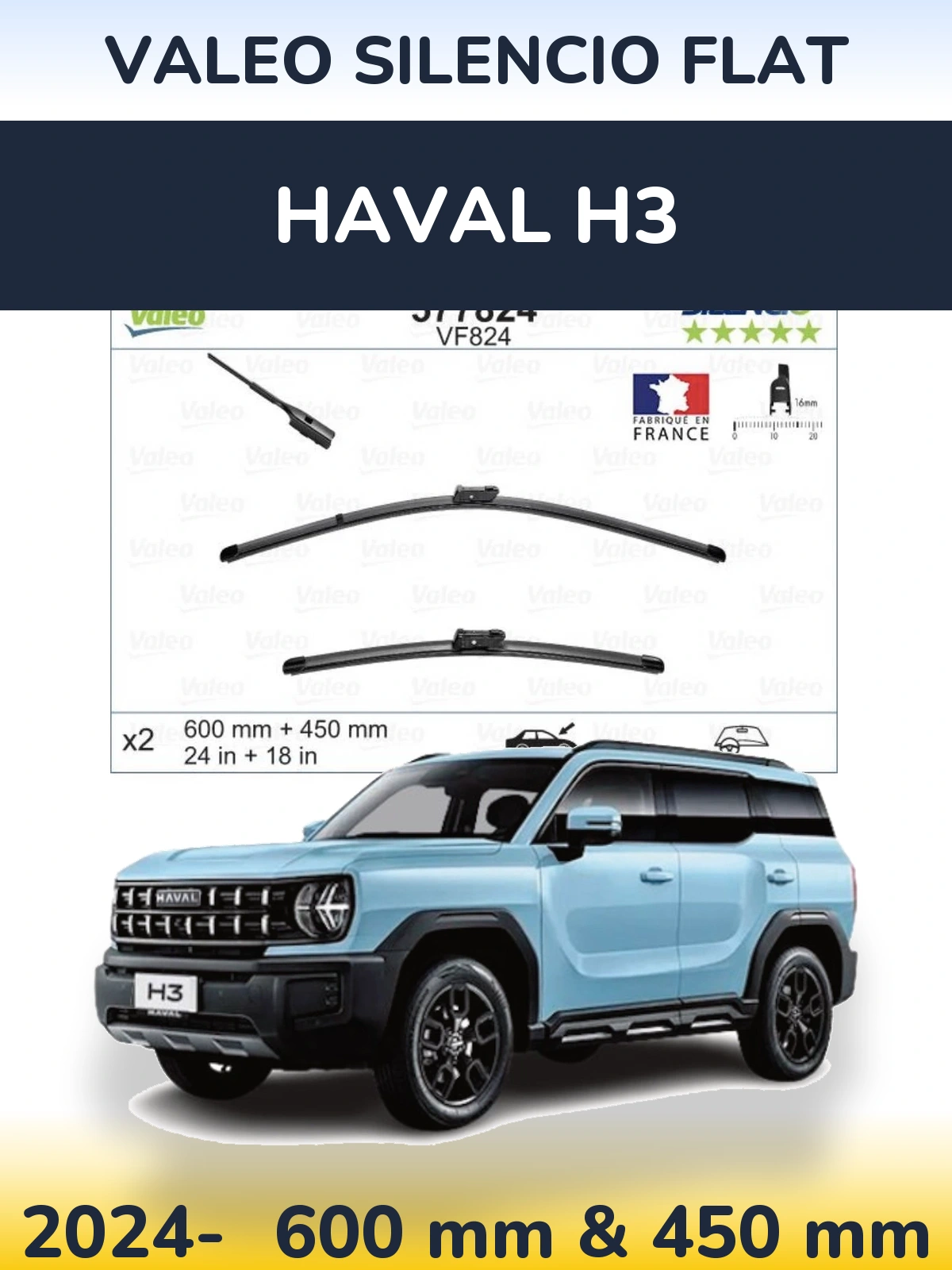 Komplet przednich wycieraczek Valeo Silencio Flat 600 & 450 mm do Haval H3 2024-2026