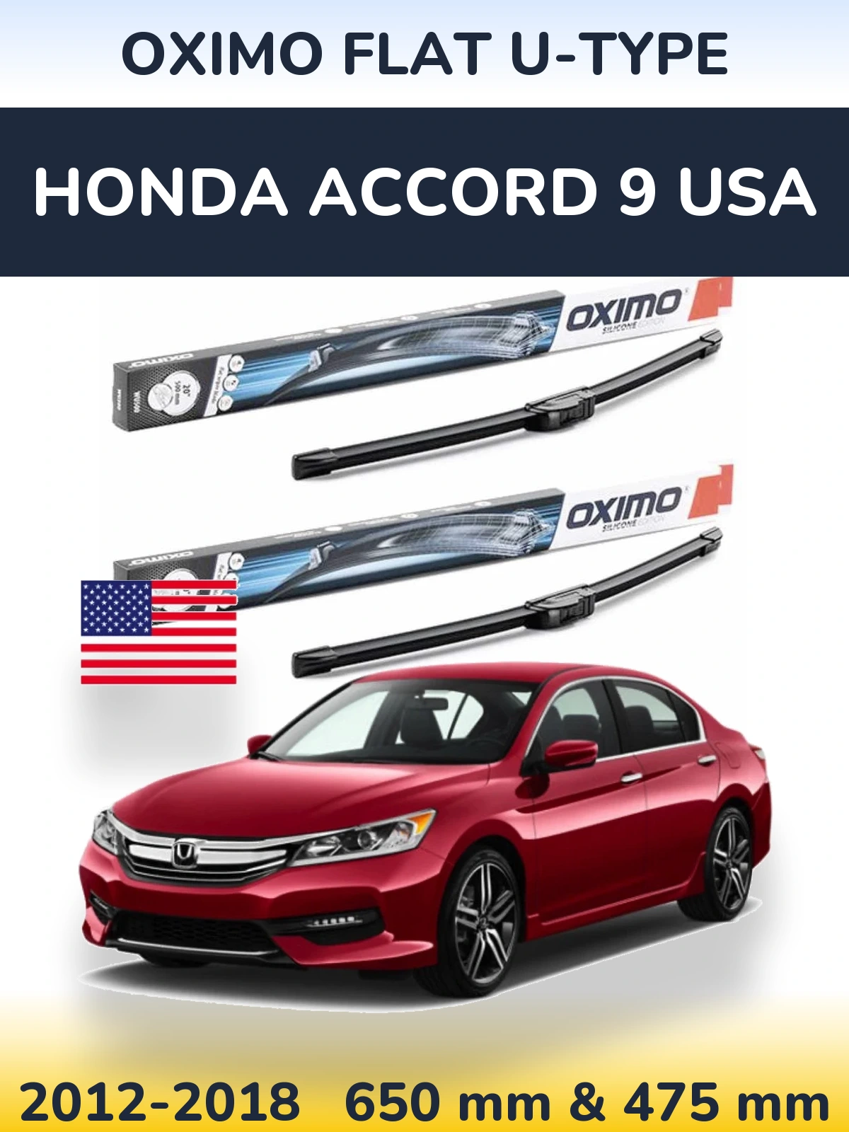 Front wiper blade set Oximo Flat U-type 650 & 475 mm for Honda Accord 9 USA 2012-2018
