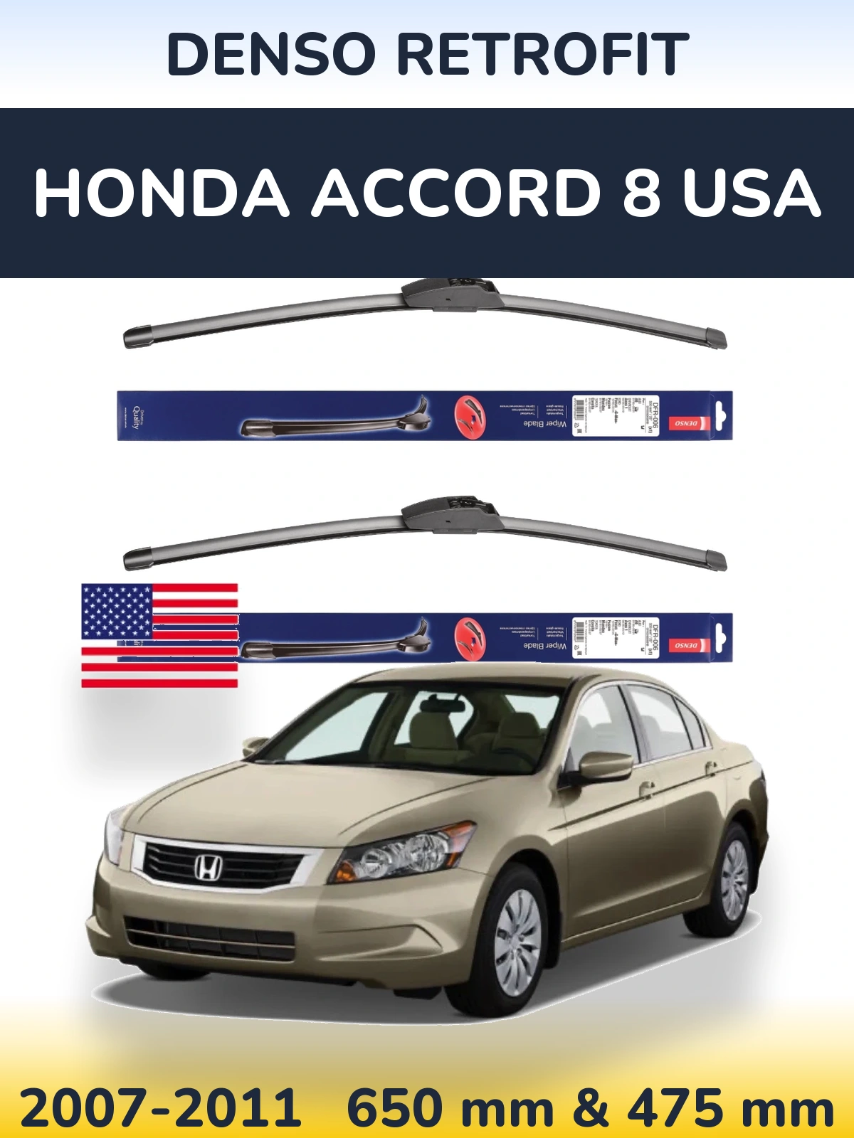 Komplet przednich wycieraczek Denso Retrofit 650 & 475 mm do Honda Accord 8 USA 2007-2011