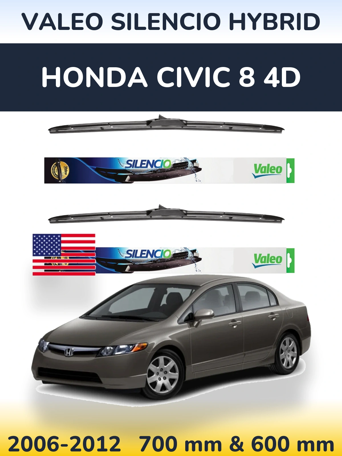 Komplet przednich wycieraczek Valeo Silencio Hybrid 700 & 600 mm do Honda Civic 8 4D 2006-2012