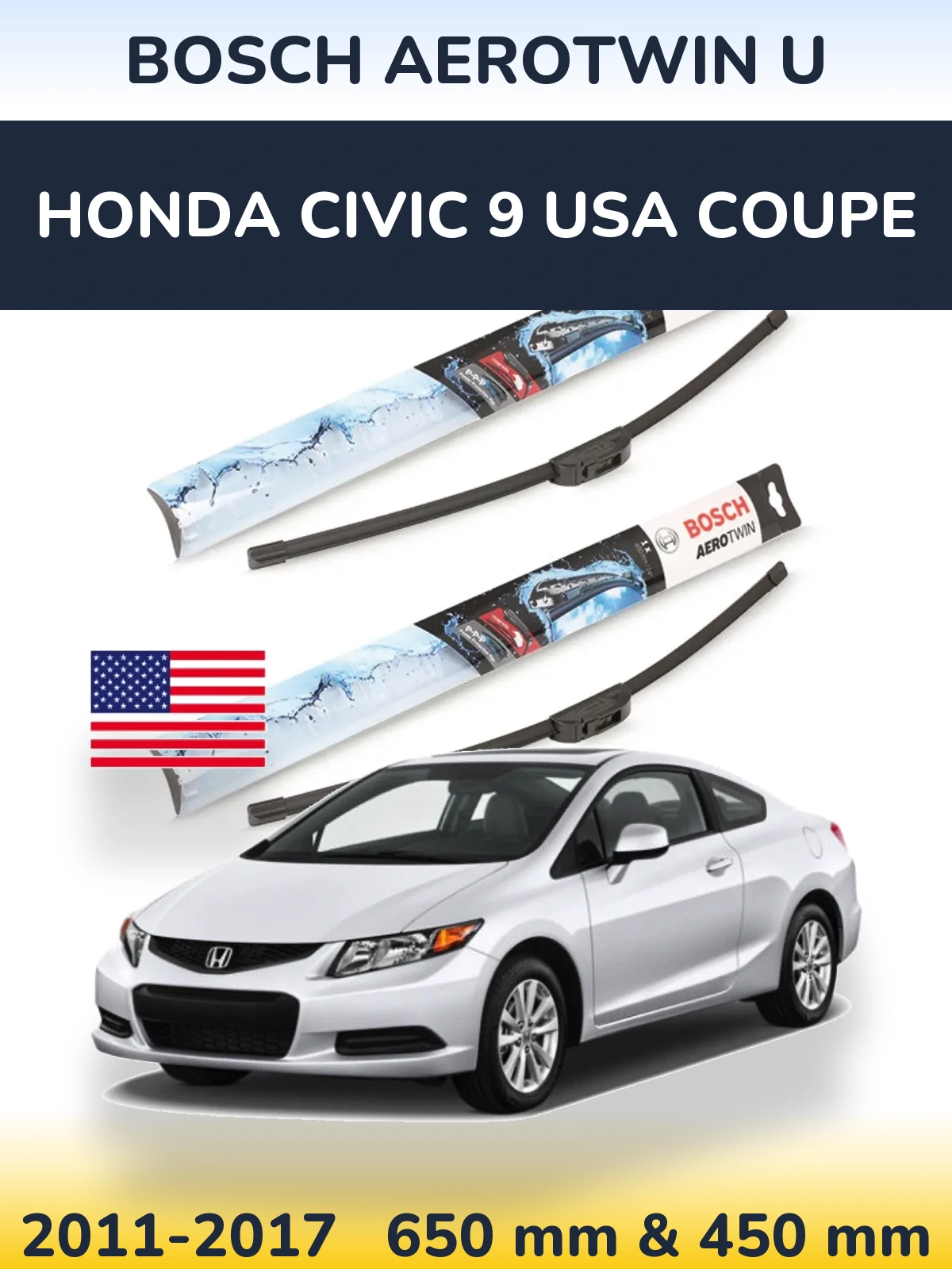 Komplet przednich wycieraczek BOSCH AeroTwin U 650 & 450 mm do Honda Civic 9 USA coupe 2011-2017