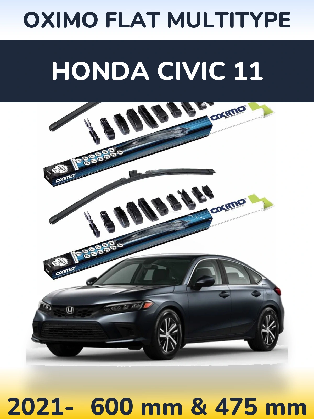 Комплект передних дворников Oximo Flat MultiТипe 600 & 475 мм для Honda Civic 11 2021-2026