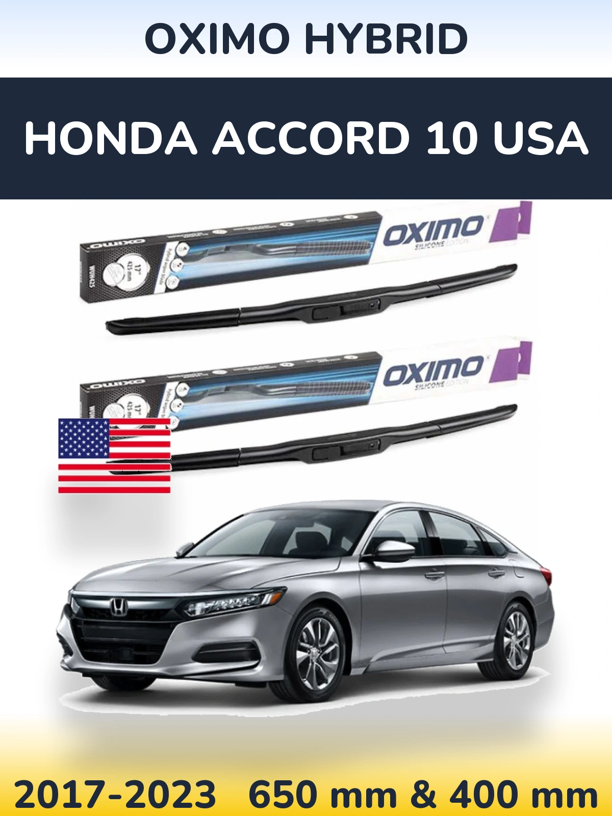 Комплект передних дворников Oximo Hybrid 650 & 400 мм для Honda Accord 10 USA 2017-2023