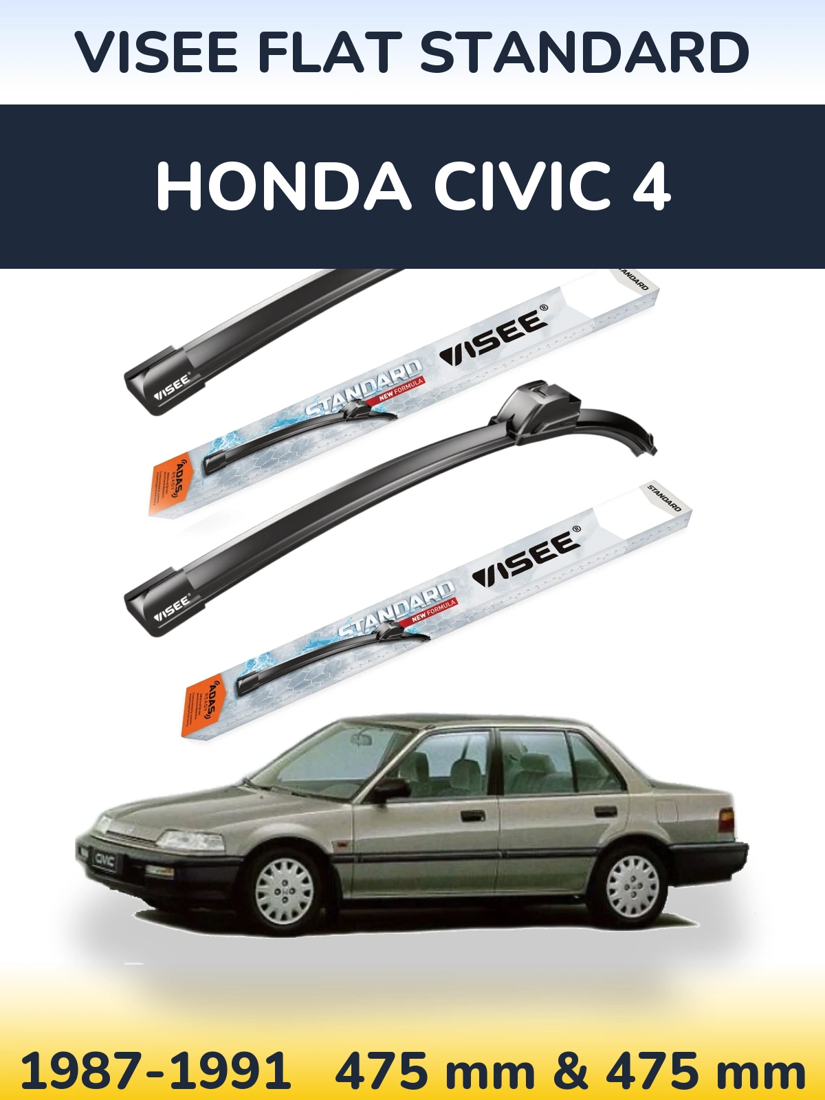 Front wiper blade set VISEE FLAT STANDARD 475 & 475 mm for Honda Civic 4 1987-1991