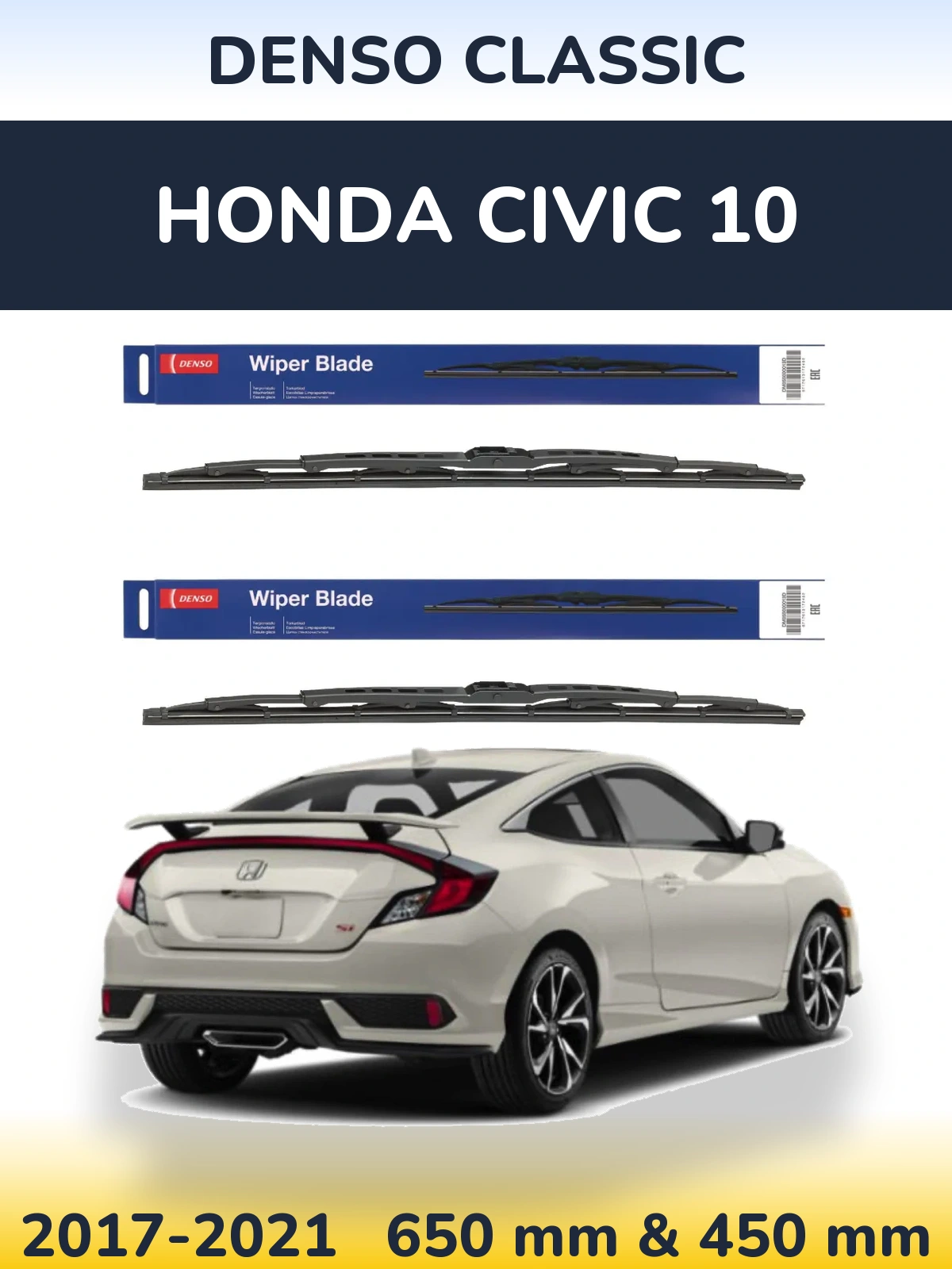 Front wiper blade set Denso Classic 650 & 450 mm for Honda Civic 10 2017-2021