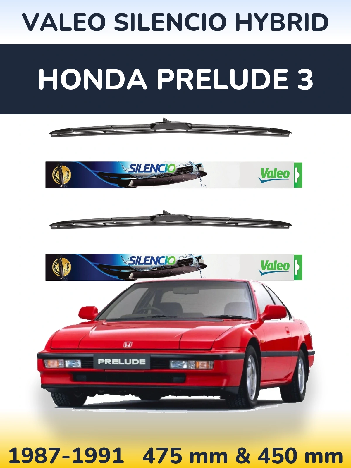 Front wiper blade set Valeo Silencio Hybrid 475 & 450 mm for Honda Prelude 3 1987-1991