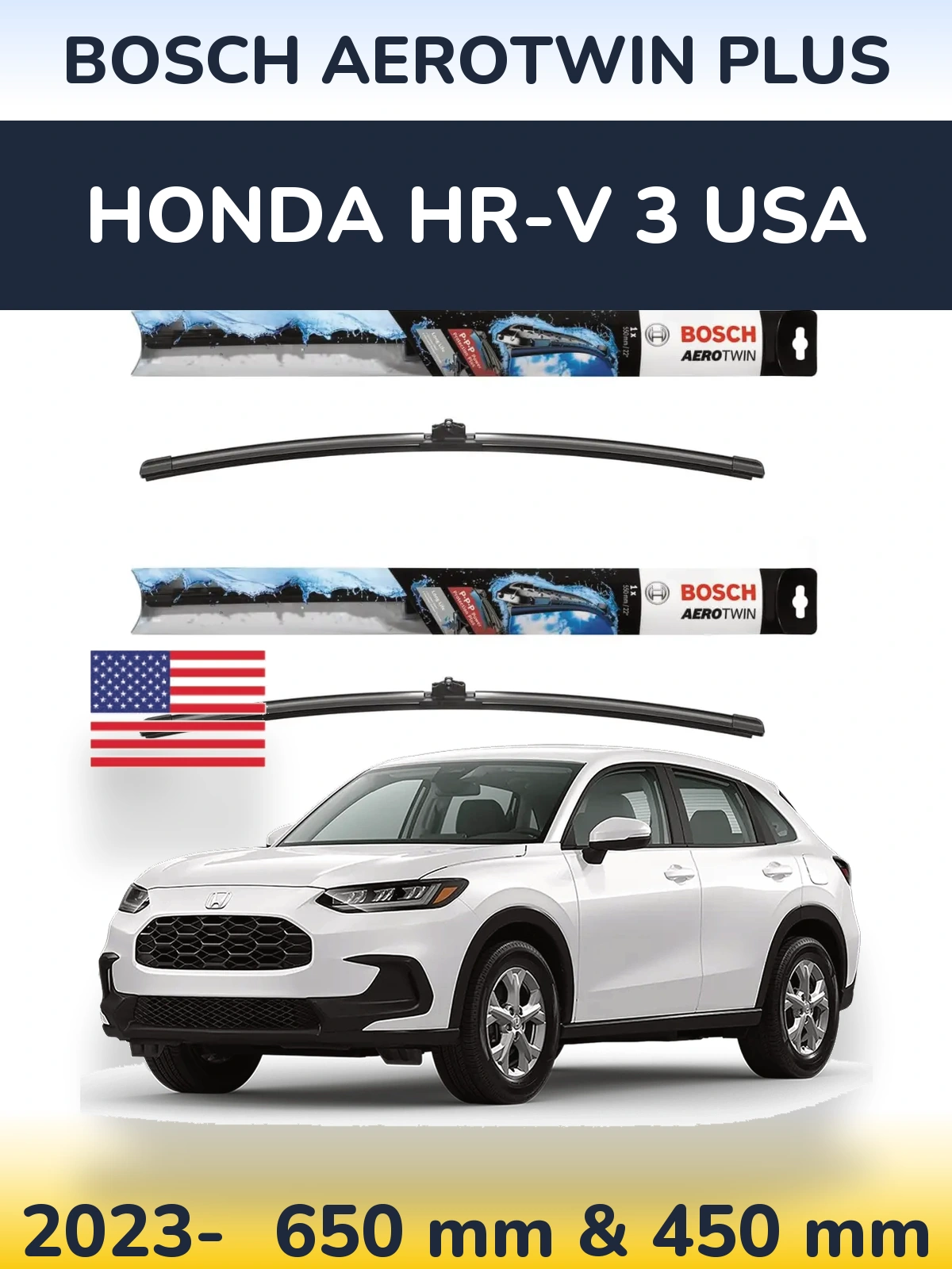 Komplet przednich wycieraczek BOSCH AeroTwin Plus 650 & 450 mm do Honda HR-V 3 USA 2023-2026