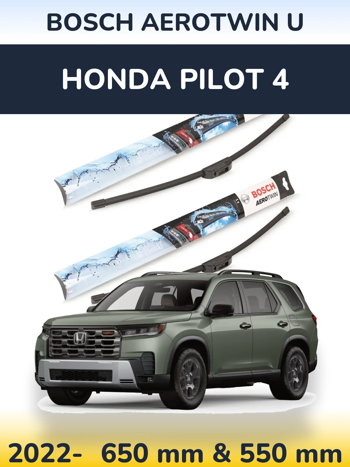 Front wiper blade set BOSCH AeroTwin U 650 & 550 mm for Honda Pilot 4 2022-2026