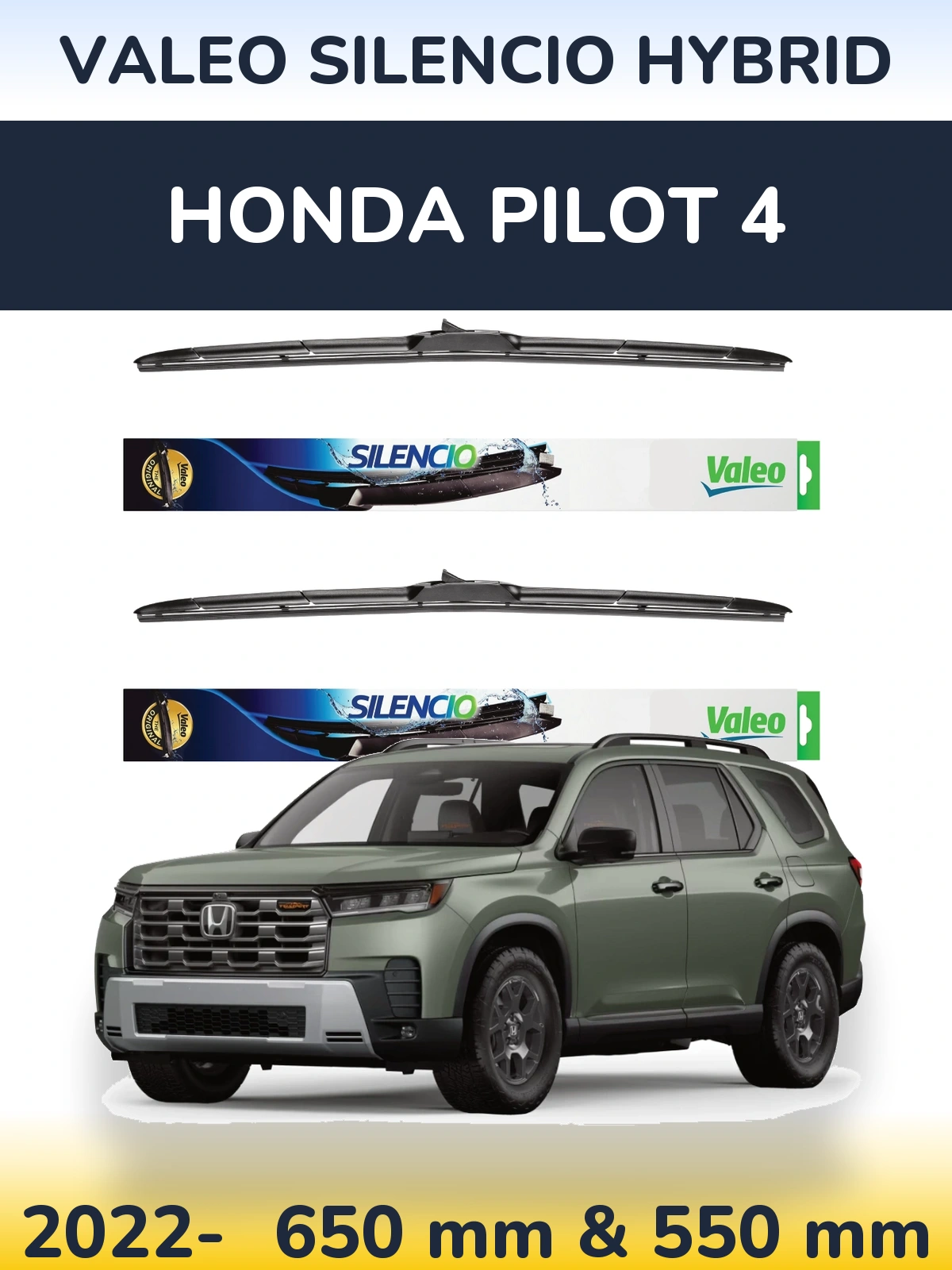 Front wiper blade set Valeo Silencio Hybrid 650 & 550 mm for Honda Pilot 4 2022-2026