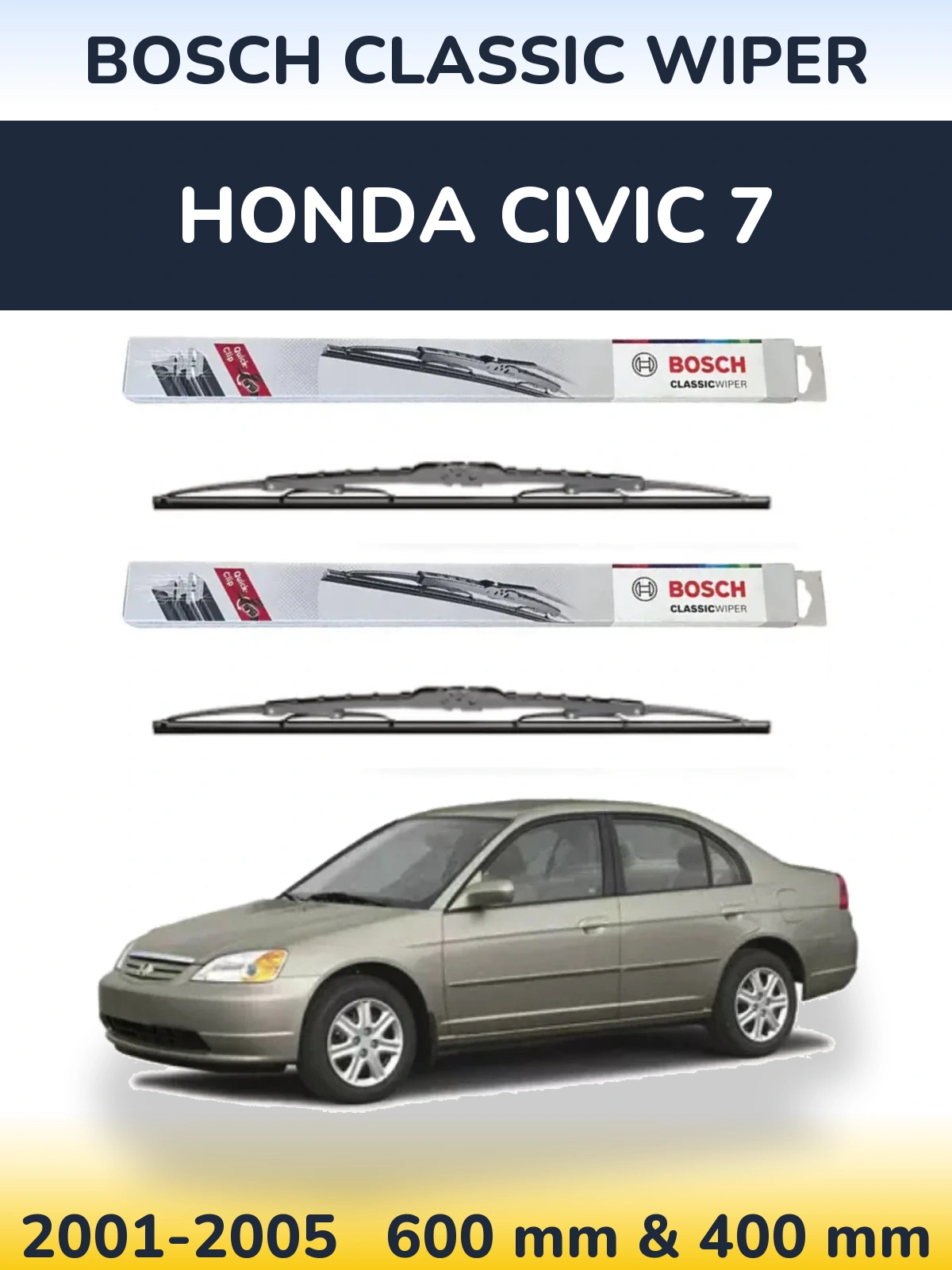 Komplet przednich wycieraczek BOSCH Classic Wiper 600 & 400 mm do Honda Civic 7 2001-2005