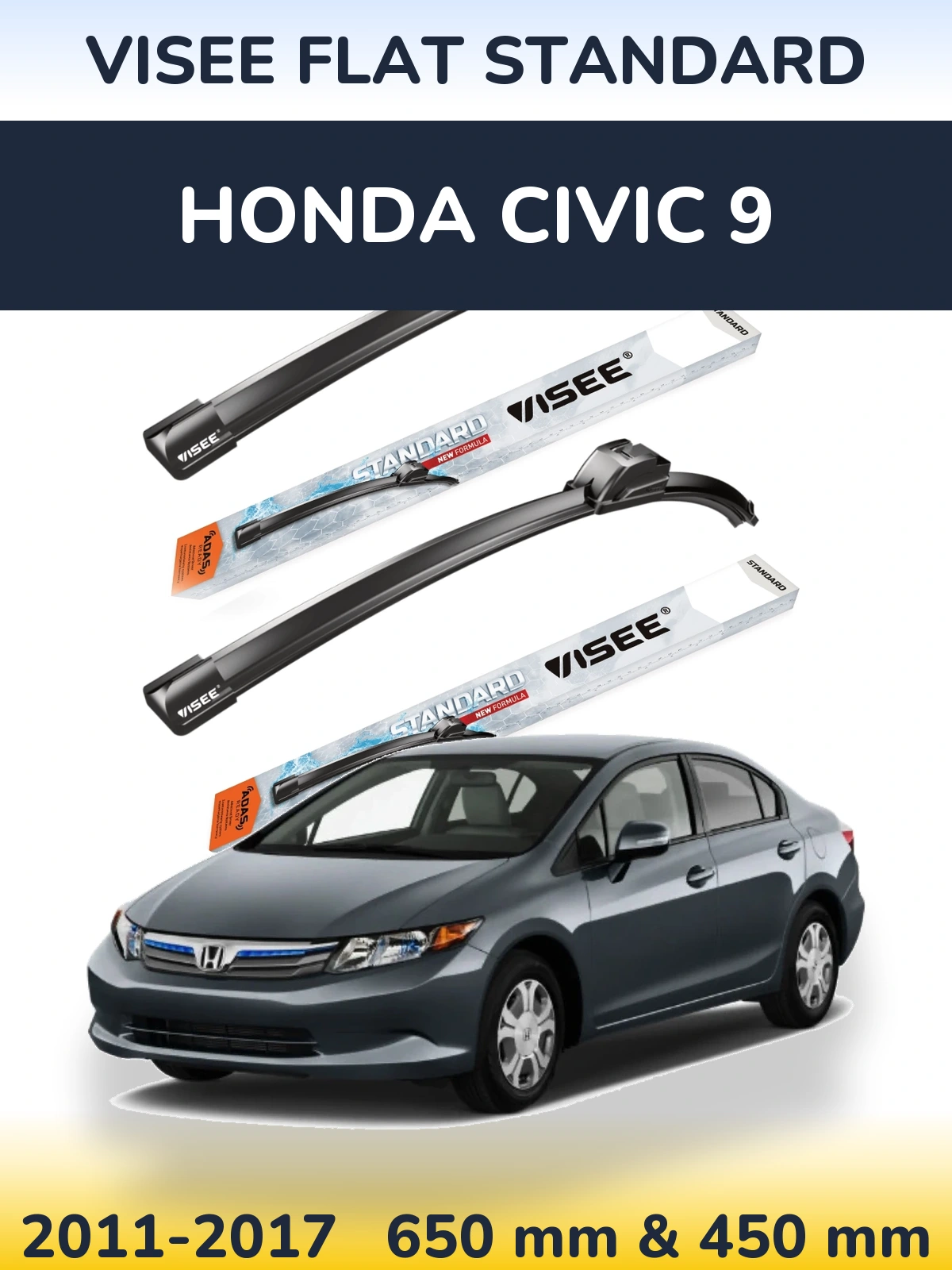 Komplet przednich wycieraczek VISEE FLAT STANDARD 650 & 450 mm do Honda Civic 9 2011-2017
