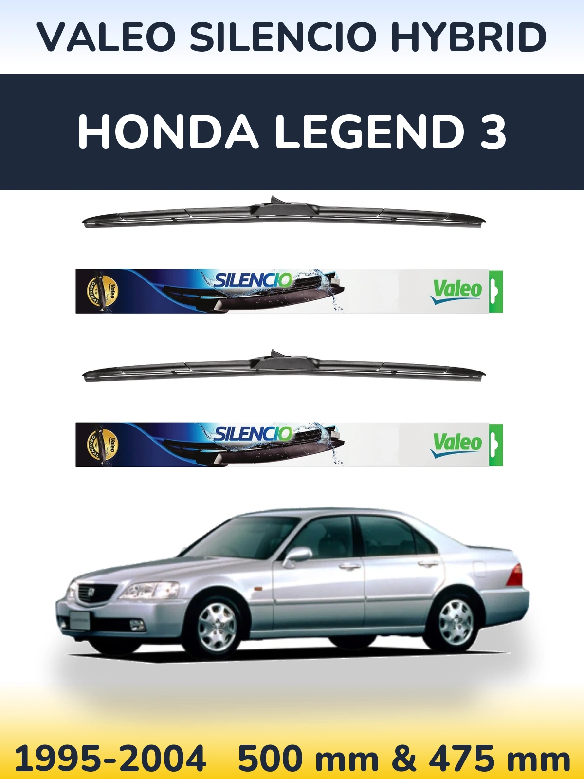Front wiper blade set Valeo Silencio Hybrid 500 & 475 mm for Honda Legend 3 1995-2004