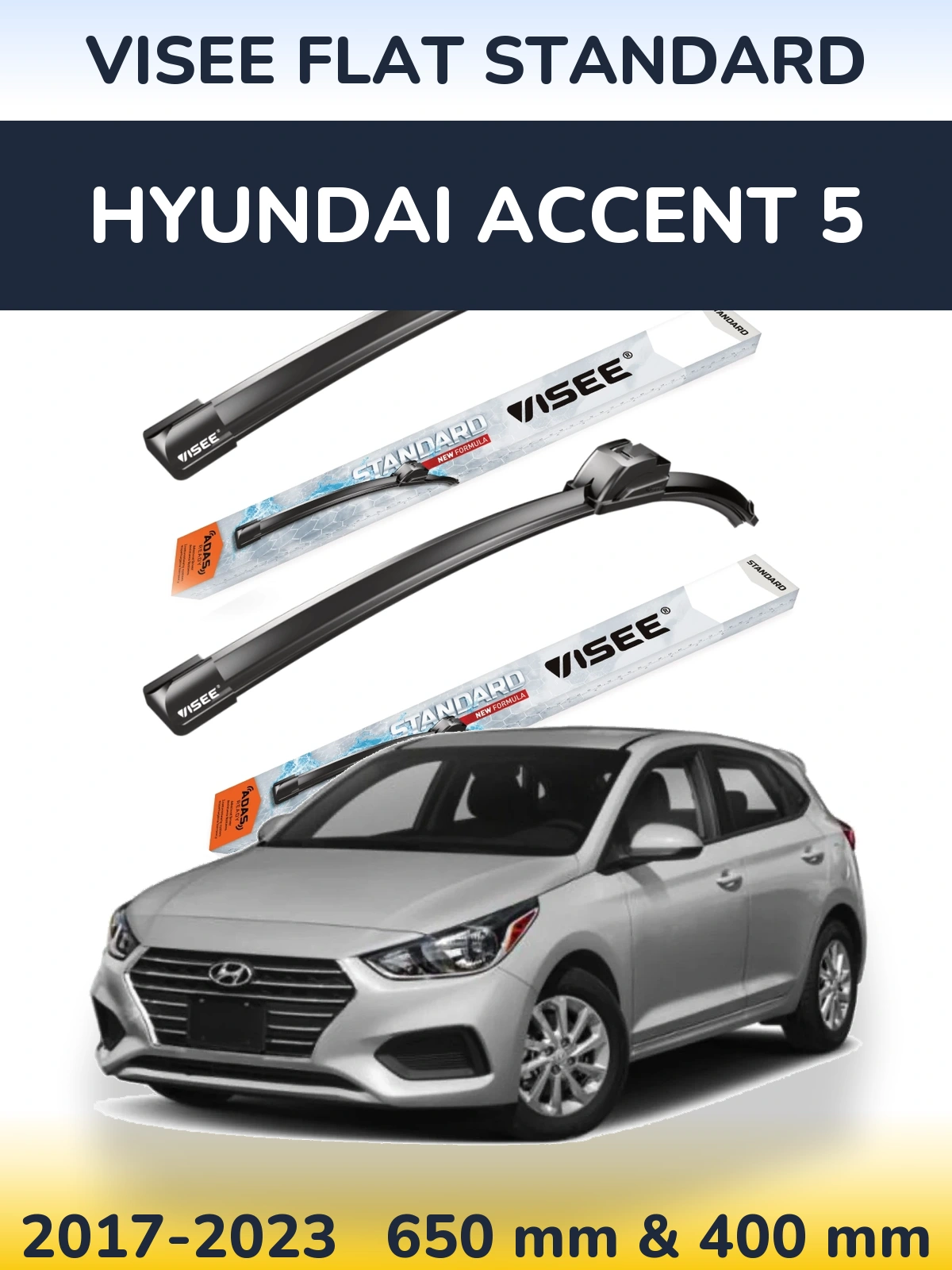 Комплект передних дворников VISEE FLAT STANDARD 650 & 400 мм для Hyundai Accent 5 2017-2023
