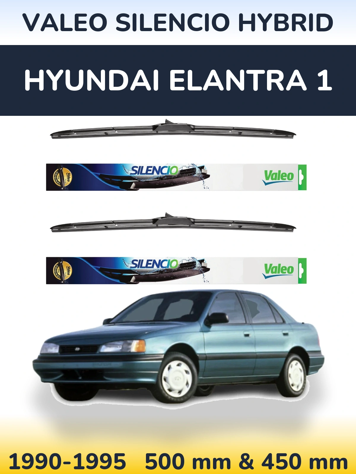 Front wiper blade set Valeo Silencio Hybrid 500 & 450 mm for Hyundai Elantra 1 1990-1995