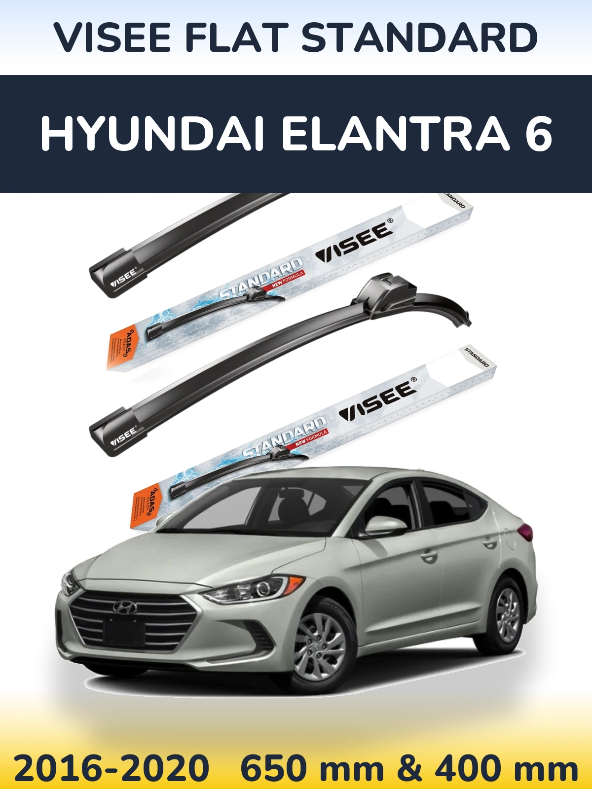 Комплект передних дворников VISEE FLAT STANDARD 650 & 400 мм для Hyundai Elantra 6 2016-2020