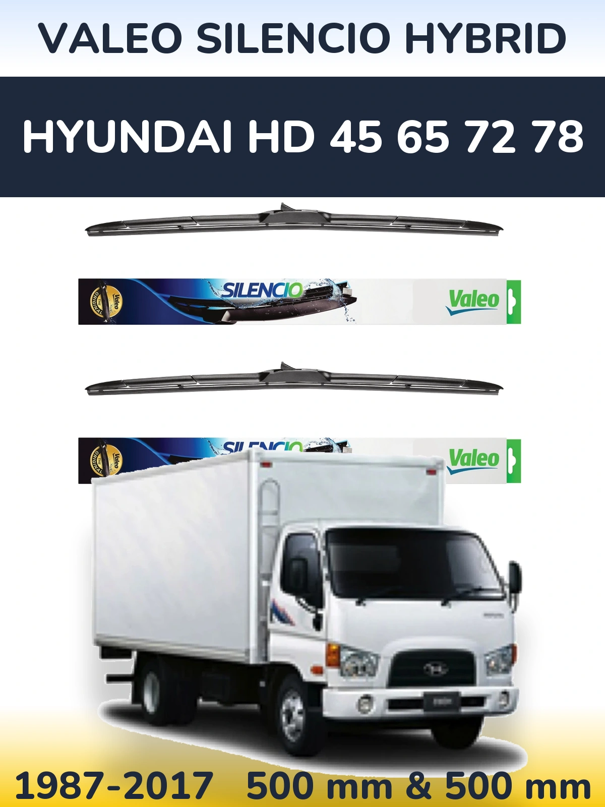 Komplet przednich wycieraczek Valeo Silencio Hybrid 500 & 500 mm do Hyundai HD 45 65 72 78 1987-2017