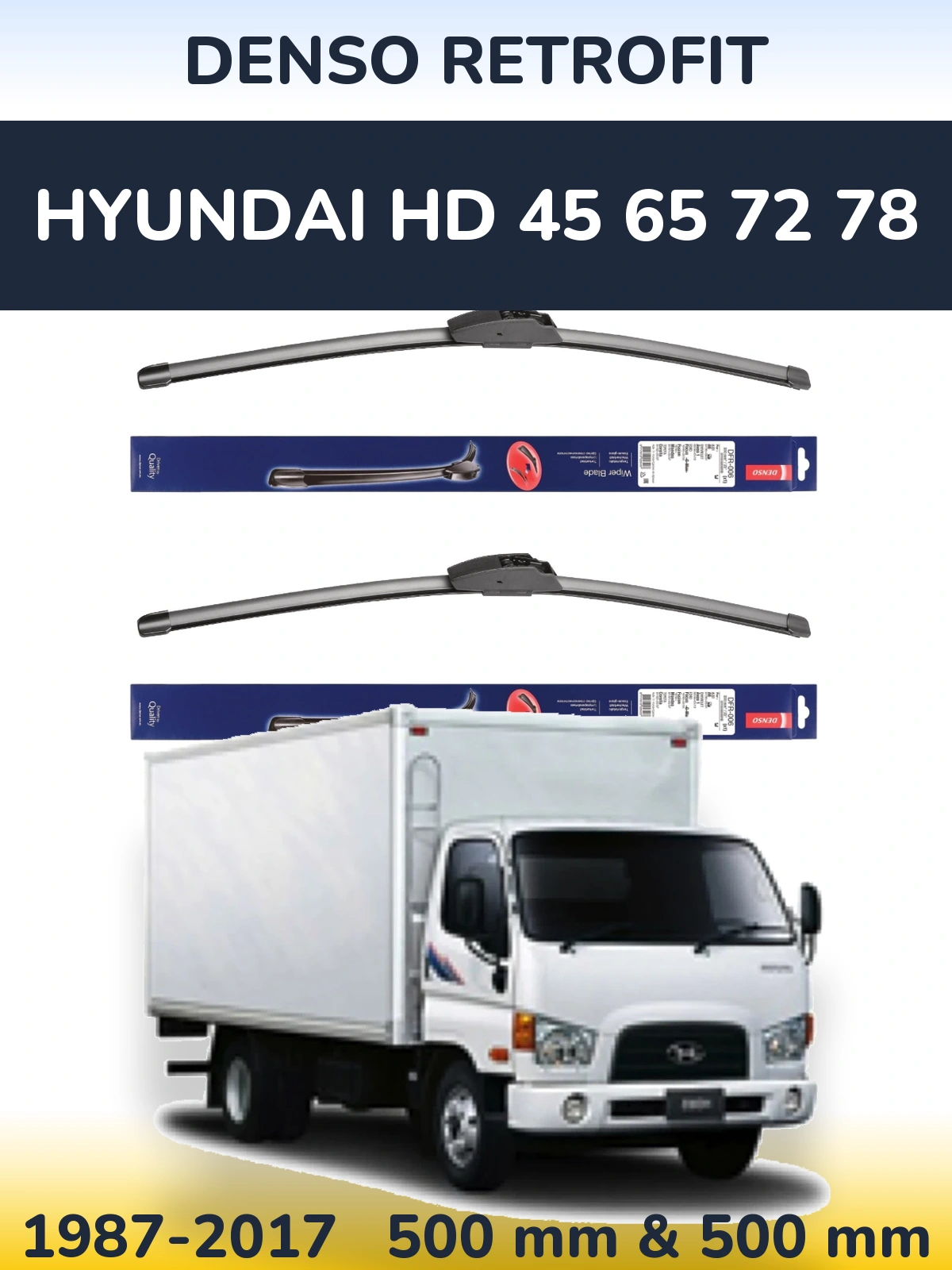 Komplet przednich wycieraczek Denso Retrofit 500 & 500 mm do Hyundai HD 45 65 72 78 1987-2017